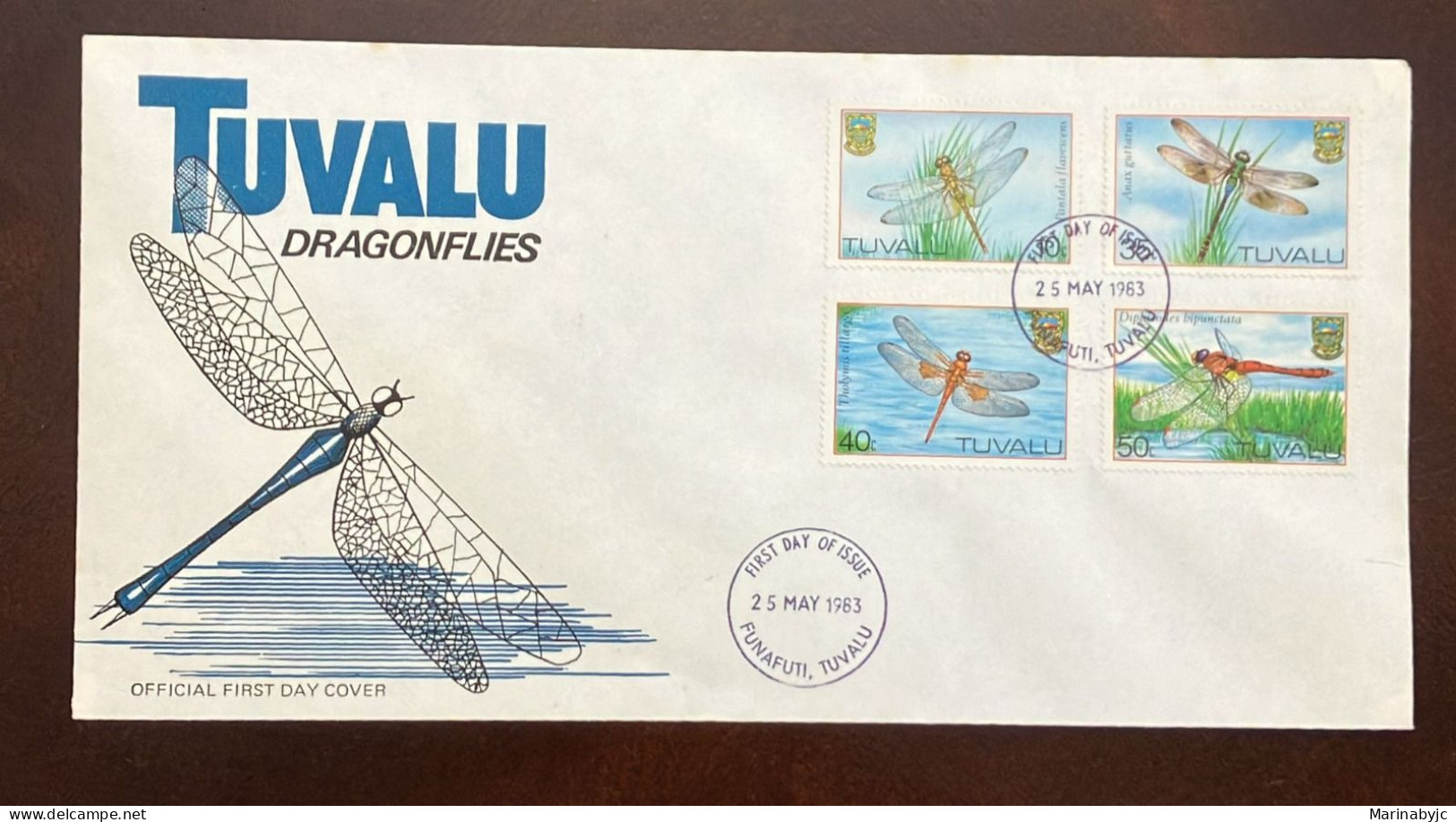 D)1983, TUVALU, FIRST DAY COVER, TUVALU DRAGOFLIES ISSUE, PANTALA FLAVESCENS, ANAX GUTTATUS, THOLYMIS TILLARGA, DIPLACOD - Tuvalu