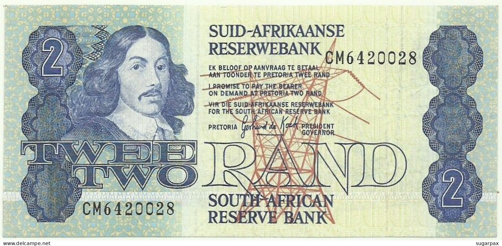 South Africa - 2 RAND - ( 1983 - 90 ) - Pick 118.d - Sign. 6 - Serie CM - Watermark: J. Van Riebeek - Sudafrica