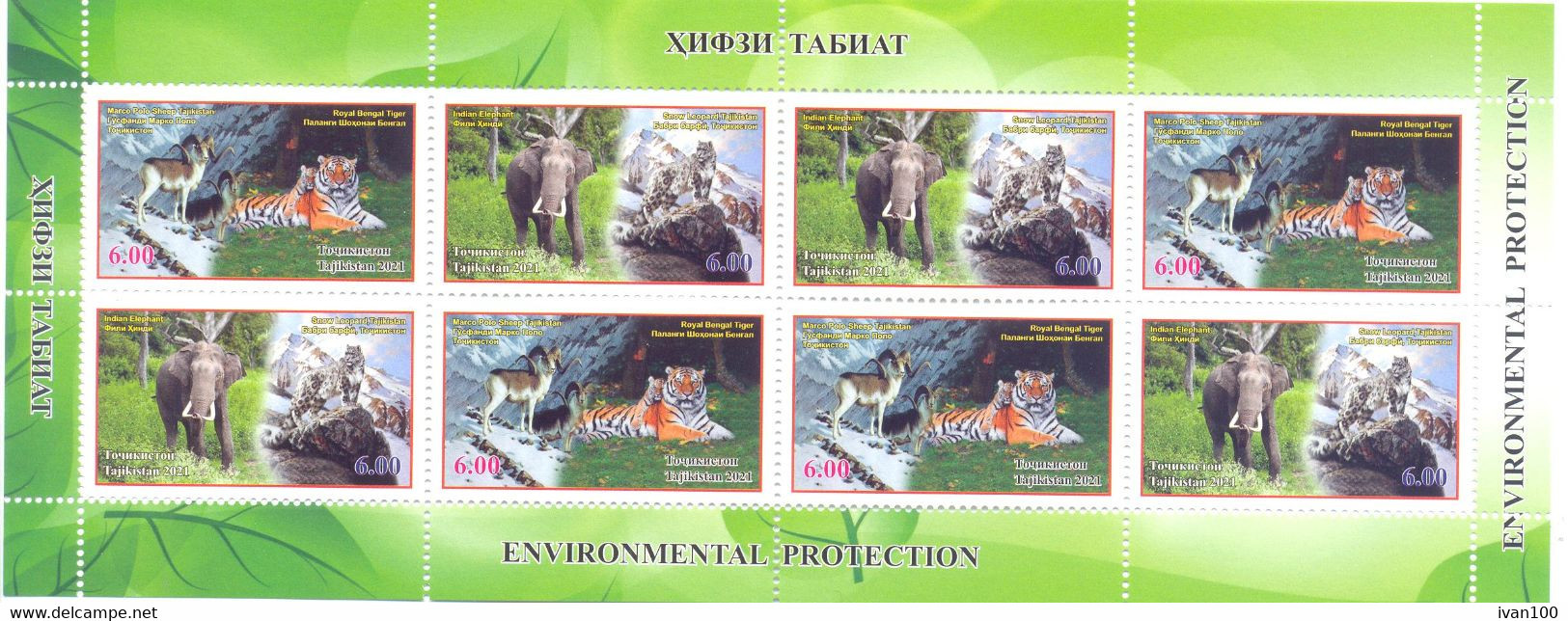 2021. Tajikistan, Environment Protection, Tiger, Elephant, Sheetlet Perforated, Mint/** - Tayikistán