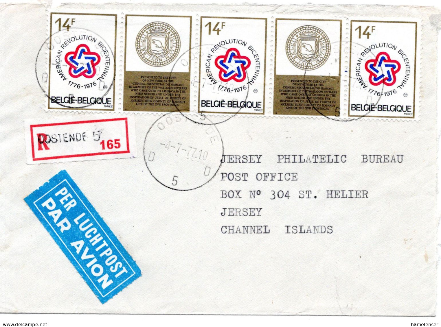 75317 - Belgien - 1977 - 3@14F 200 Jahre USA A R-LpBf (dreiseit Geoeffn) OOSTENDE -> DOVER -> Jersey (Grossbritannien) - Lettres & Documents