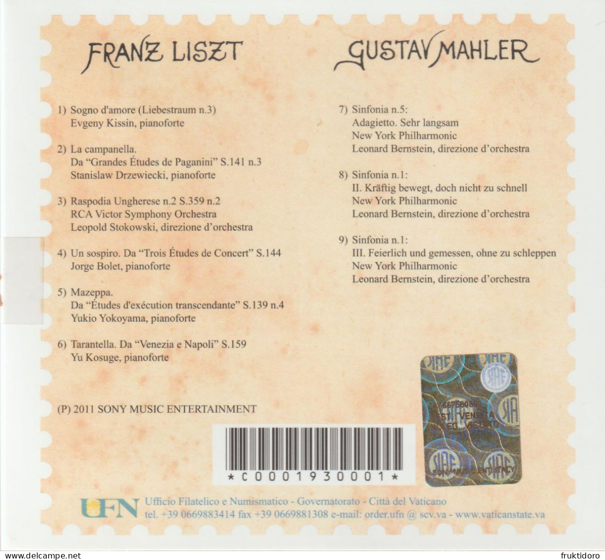 Vatican City Die Emissionis Nr 3 - Mi 1726-1727 Bicentenary Of The Birth Of Liszt - Centenary Of The Death Of Mahler CD - Variétés & Curiosités