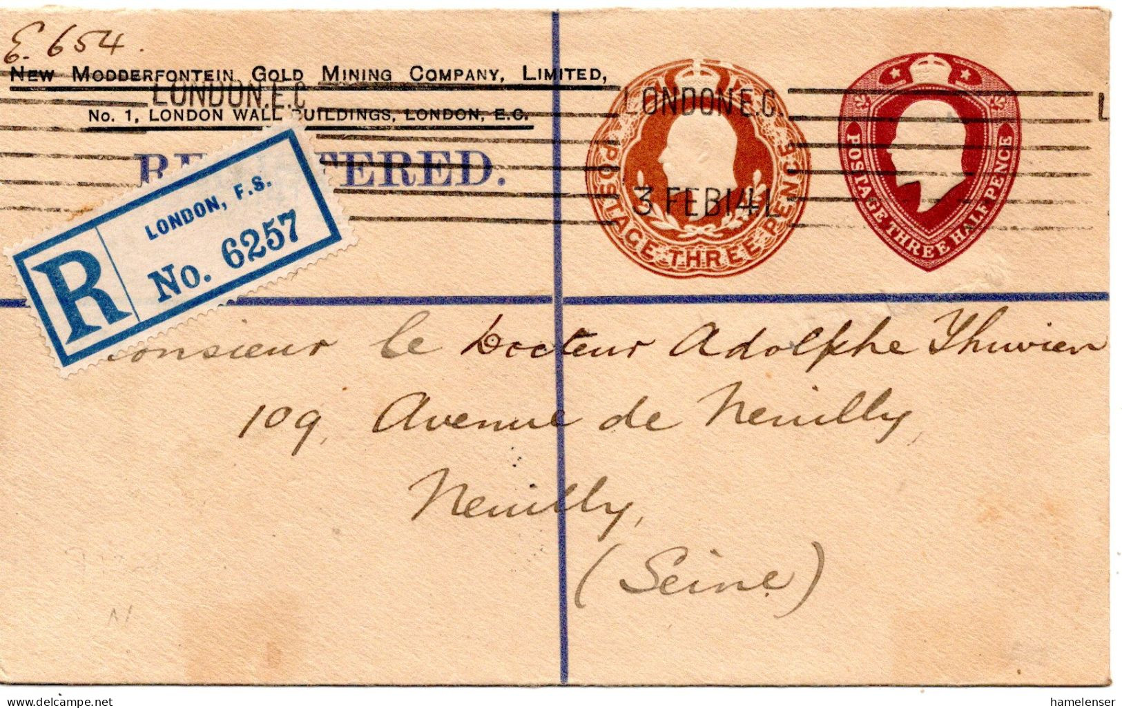 75319 - Grossbritannien - 1914 - 1,5d & 3d KGV PGAR-Umschlag "New Modderfontein" LONDON -> NEUILLY (Frankreich) - Lettres & Documents
