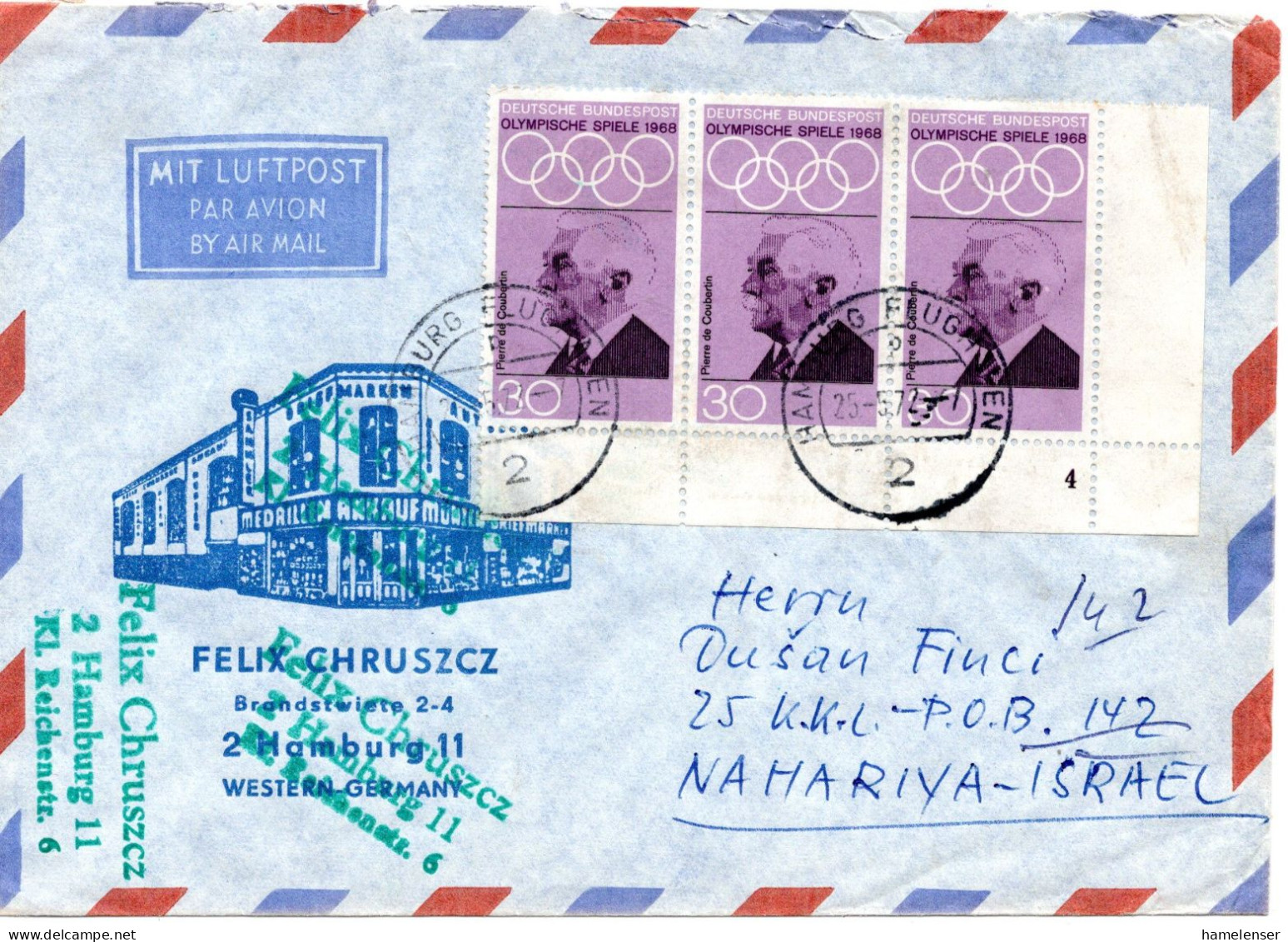 75325 - Bund - 1972 - 3@30Pfg Olympia '68 (m Pl#4) A LpBf HAMBURG -> Israel - Storia Postale