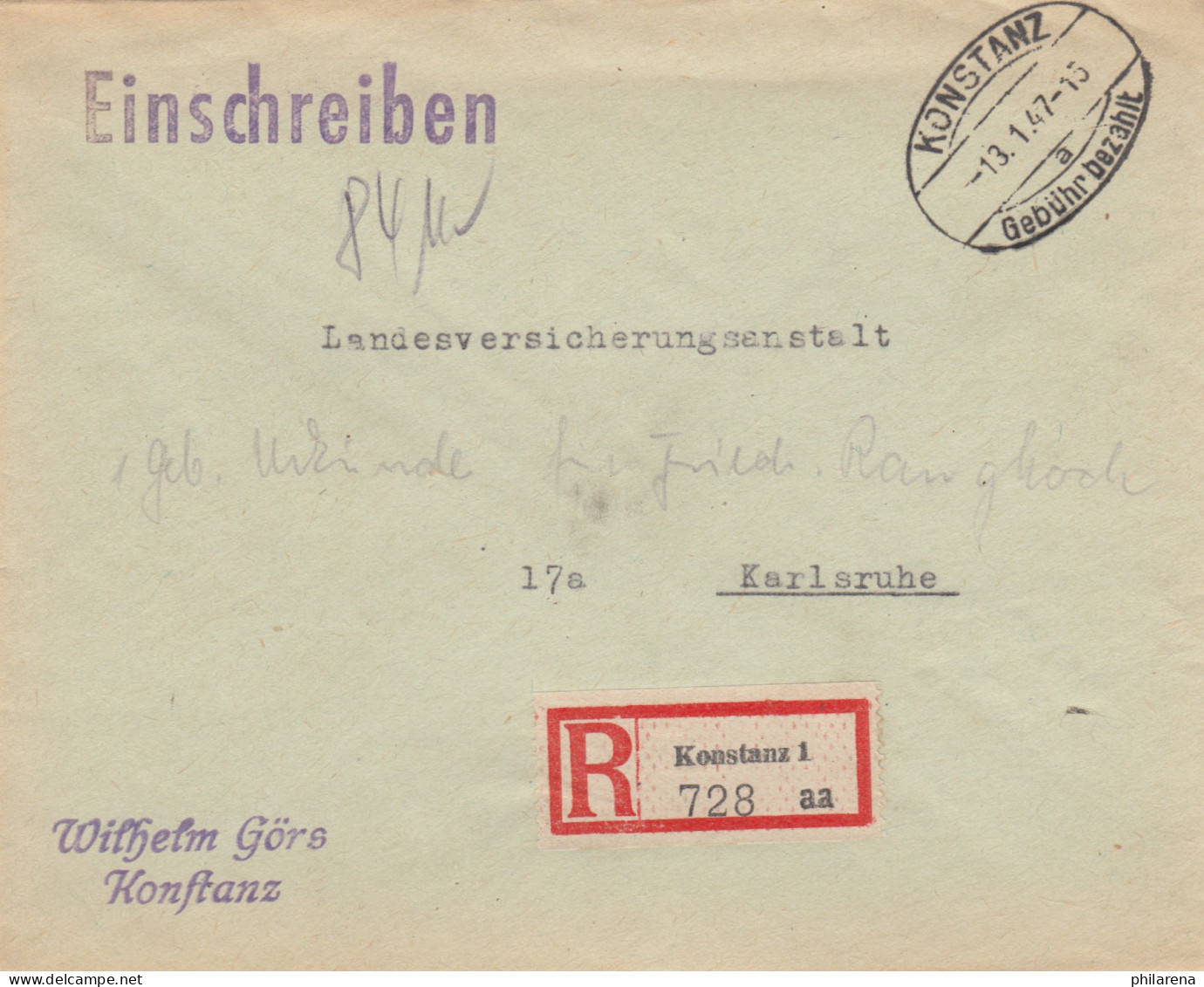 Brief Aus Konstanz 1947 Als Einschreiben Nach Karlsruhe, Gebühr Bezahlt - Briefe U. Dokumente