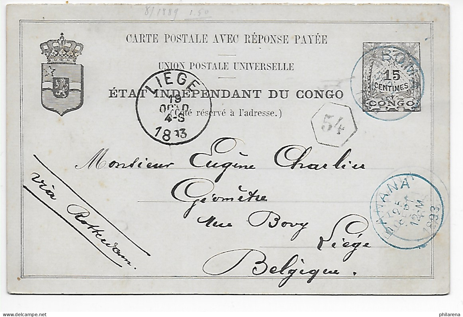 Belgisch Kongo 1893, Boma Nach Liège über Banana - Other & Unclassified