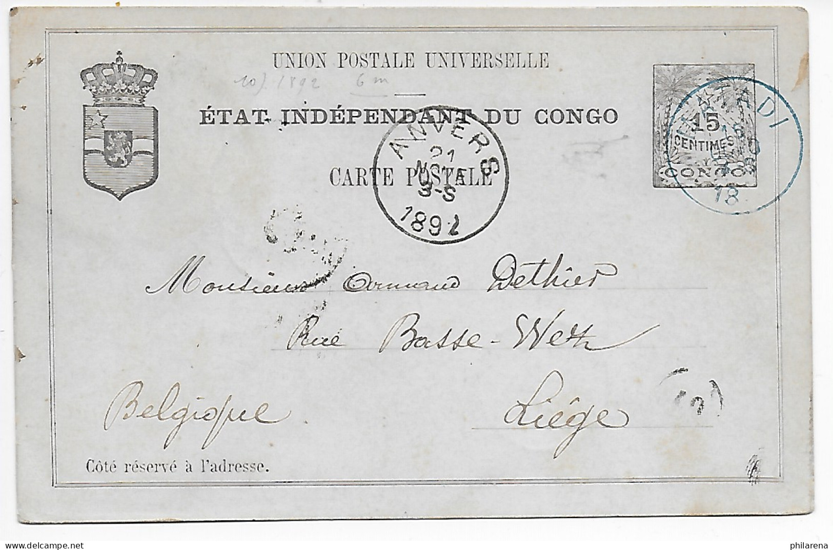 Belgisch Kongo 1892, Anvers Nach Liège - Autres & Non Classés