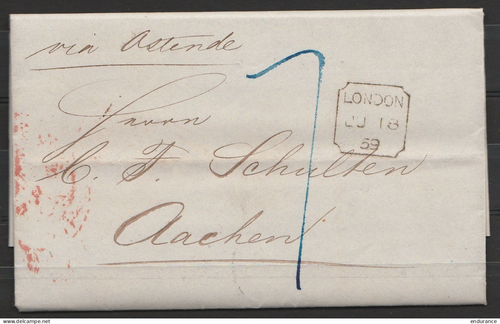 L. Datée 1859 De Londres Cad [LONDON/JU 18/1859] Pour AACHEN - Man. "via Ostende" - Covers & Documents