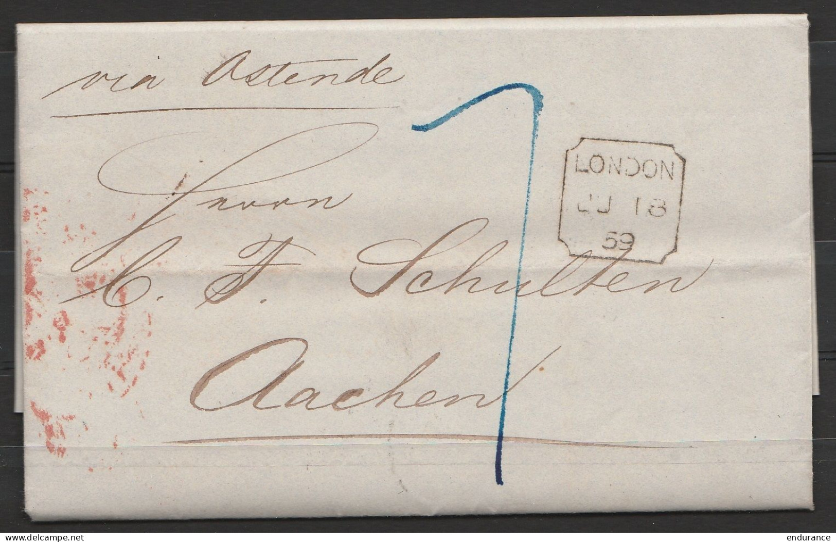 L. Datée 1859 De Londres Cad [LONDON/JU 18/1859] Pour AACHEN - Man. "via Ostende" - Cartas & Documentos