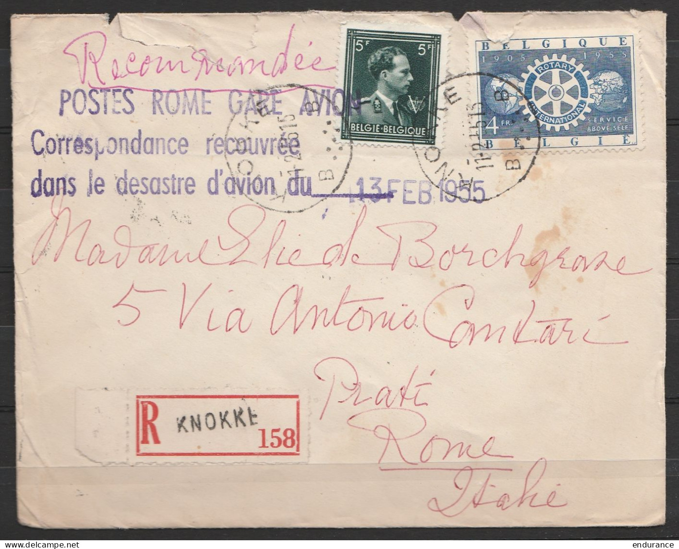 L. Recom. Affr.N°696+954 Càd "KNOKKE B/11-2-1955" Pour Rome + Griffe "POSTES ROME GARE AVION/Correspondance Recouvrée/da - Cartas Accidentadas