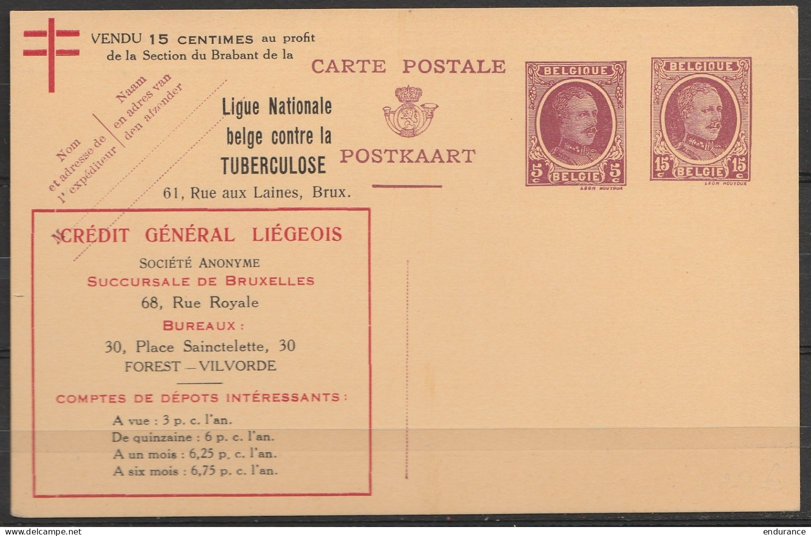 EP Neuf Albert 15c+5c Repiqué "Au Profit De La Ligue ... Contre La Tuberculose" + Publicité "Crédit Général Liégois" (+  - Postcards 1909-1934