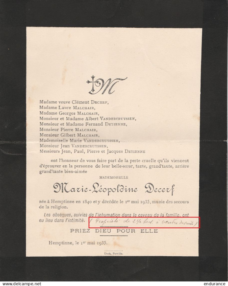 Faire-part Décès Affr. N°279 (x2) Càd Relais "BONEFFE/7 V/1935" Taxé 1,20f à EGHEZEE - 1929-1937 Leone Araldico