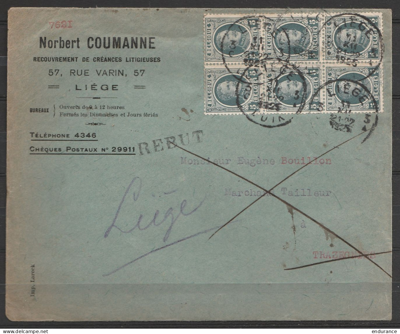 LAC Entête Huissier Affr. N°193 (bloc De 6) Càd "LIEGE 3C/11 XII/1925" Pour TRAZEGNIES - Retour "REBUT" à Liège (au Dos: - 1922-1927 Houyoux