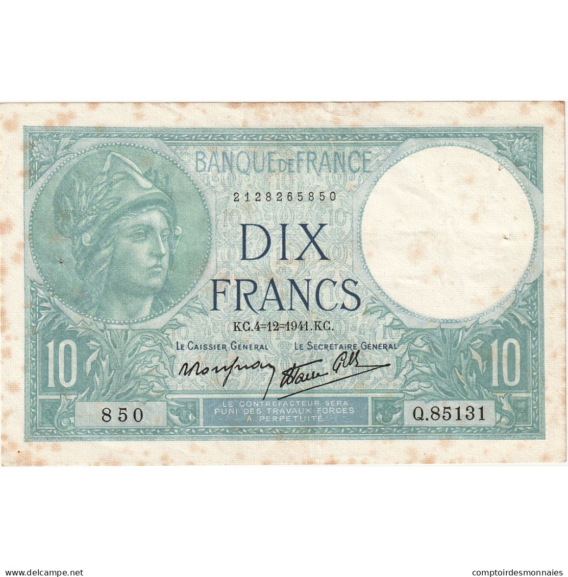 France, 10 Francs, Minerve, 1941, Q.85131, TTB, Fayette:7.30, KM:84 - 10 F 1916-1942 ''Minerve''