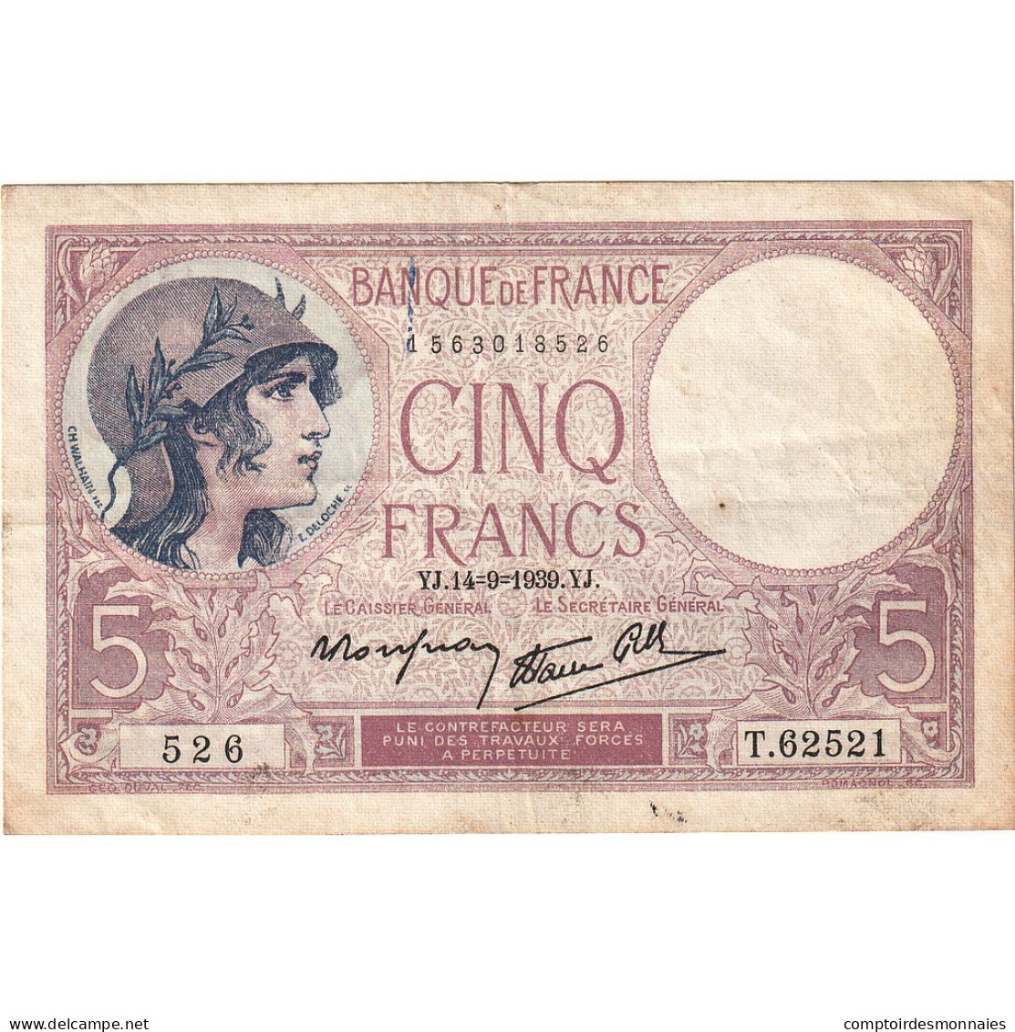 France, 5 Francs, Violet, 1939, T.62521, TTB, Fayette:4.8, KM:83 - 5 F 1917-1940 ''Violet''