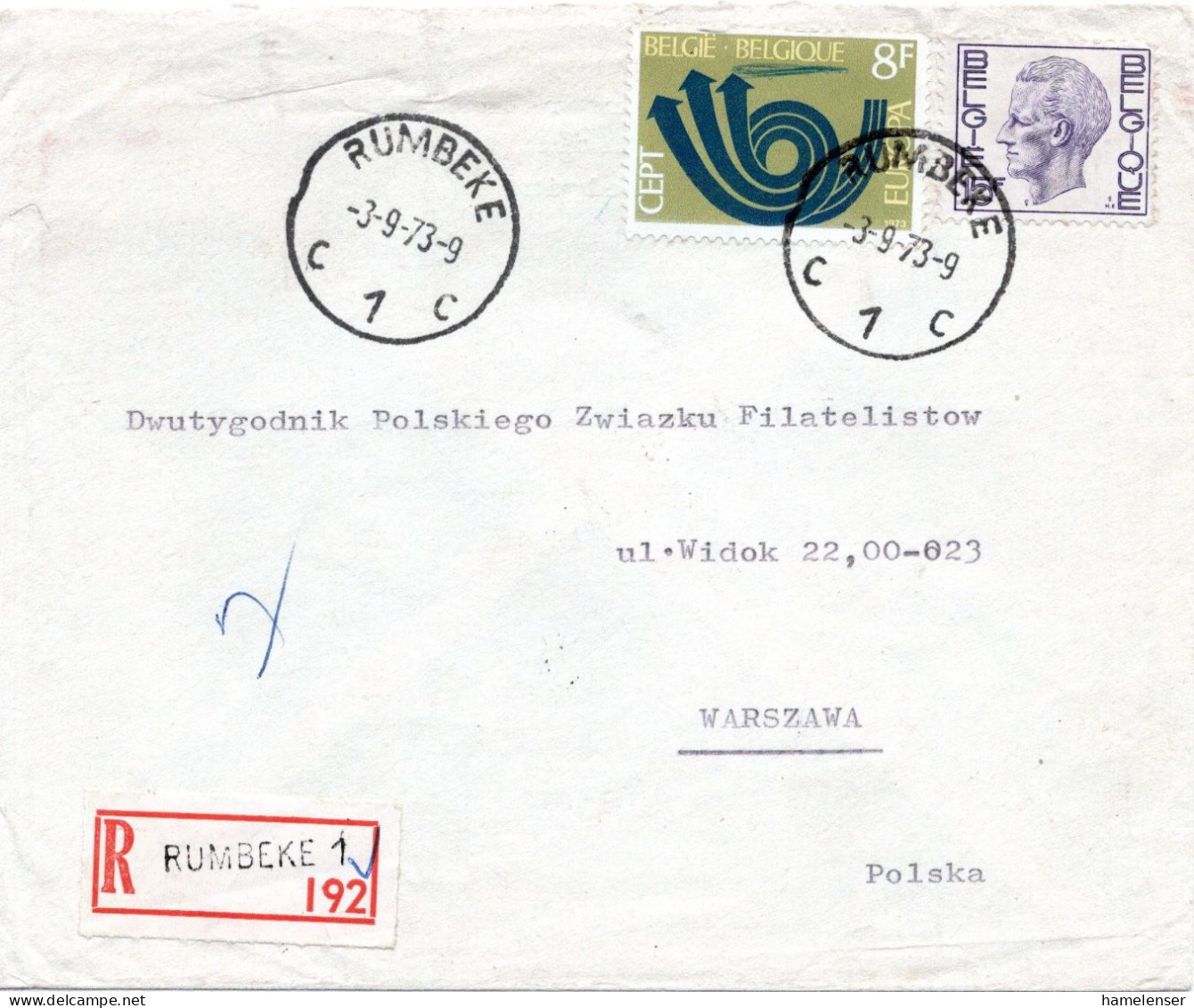75344 - Belgien - 1973 - 15F Elström MiF A R-Bf RUMBEKE -> WARSZAWA (Polen) - Storia Postale
