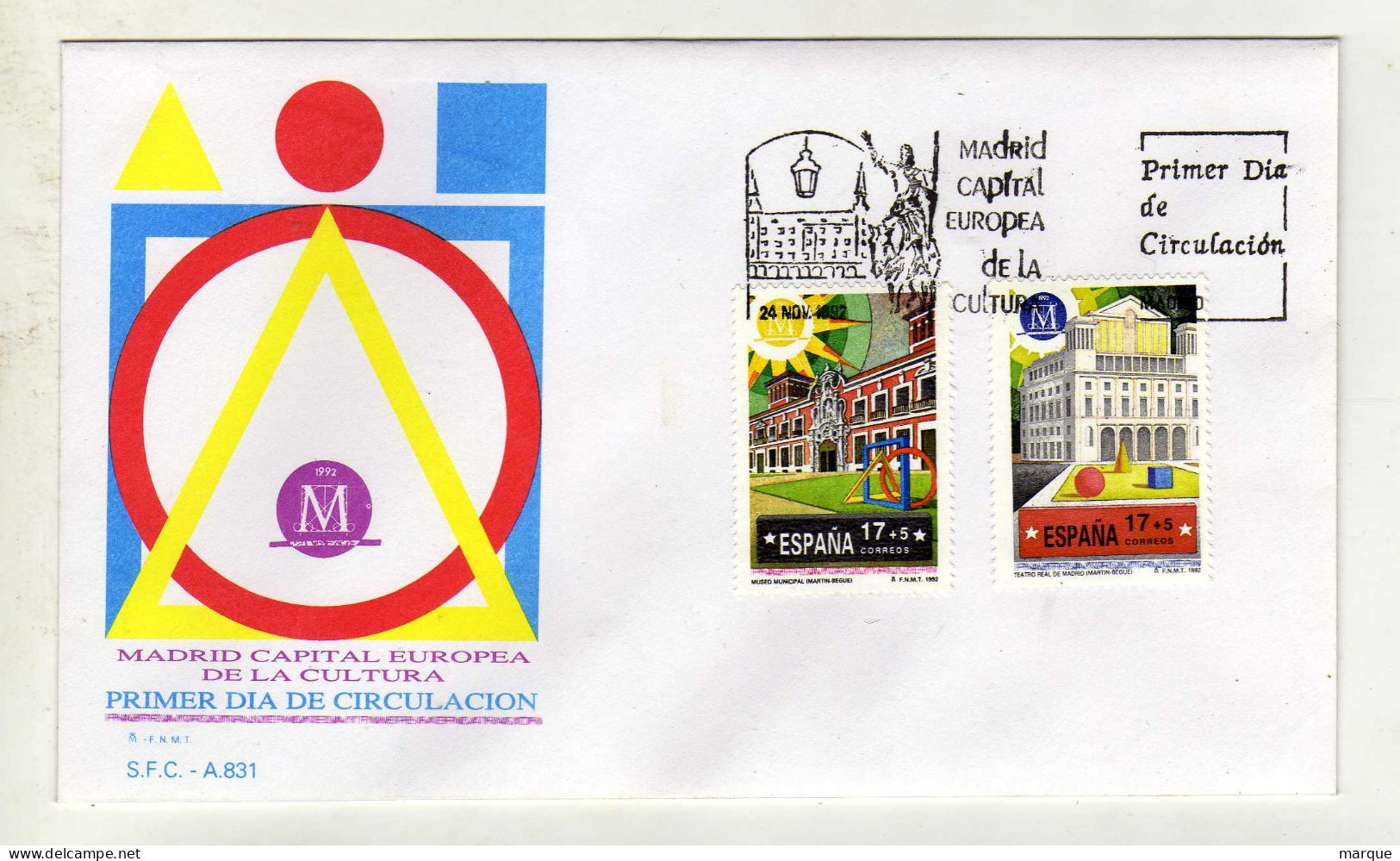 Enveloppe 1er Jour ESPAGNE ESPANA Oblitération MADRID 24/11/1992 - FDC