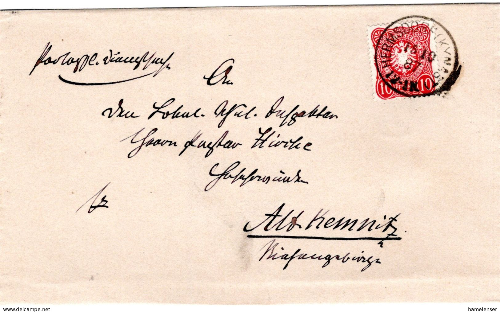 75353 - Deutsches Reich - 1887 - 10Pfg EF A FaltBf HERMSDORF -> ALTKEMNITZ - Covers & Documents