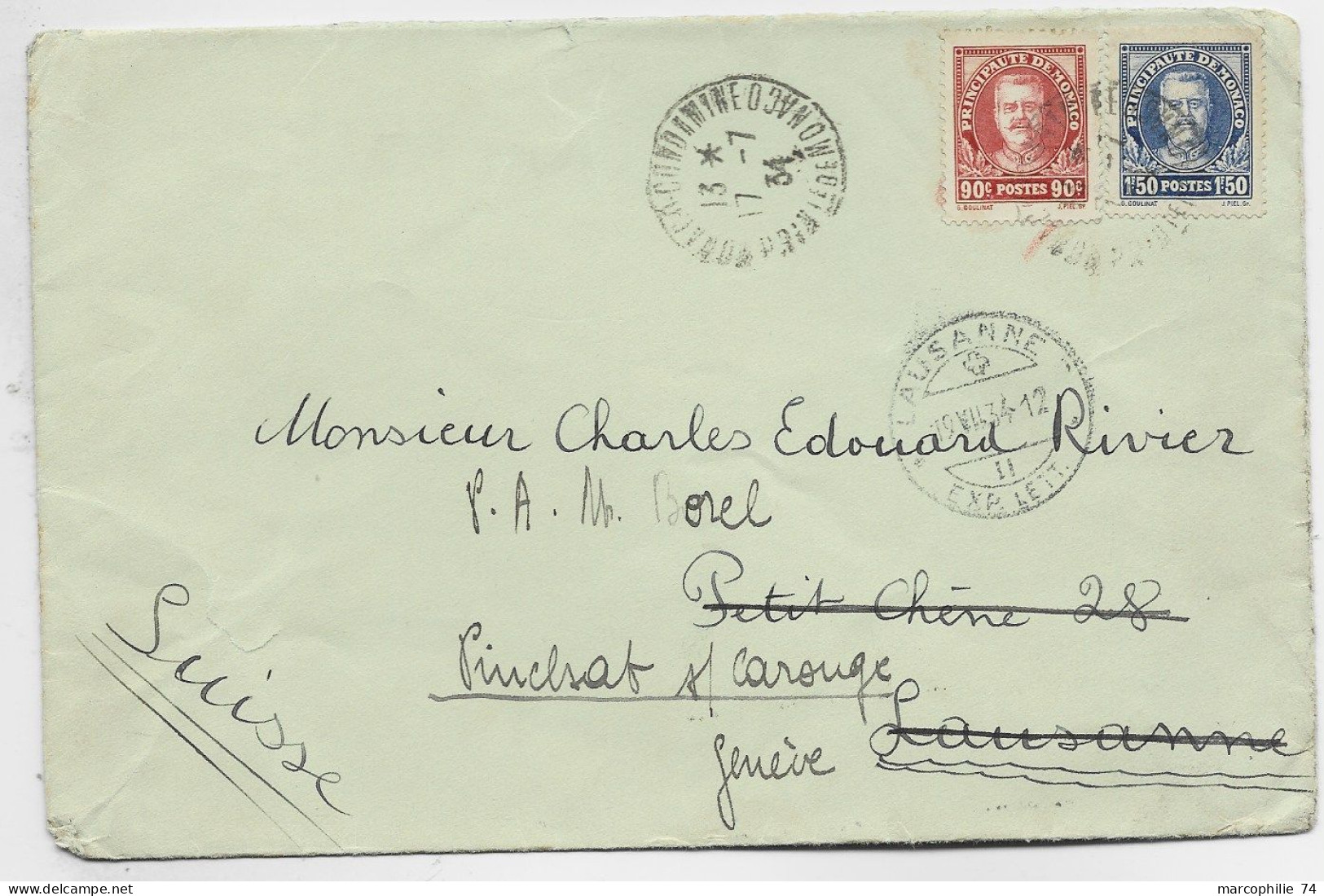 MONACO 90C+1FR50 LETTRE COVER MONACO CONDAMINE 17.7.1934 POUR SUISSE AU TARIF 2EME - Cartas & Documentos