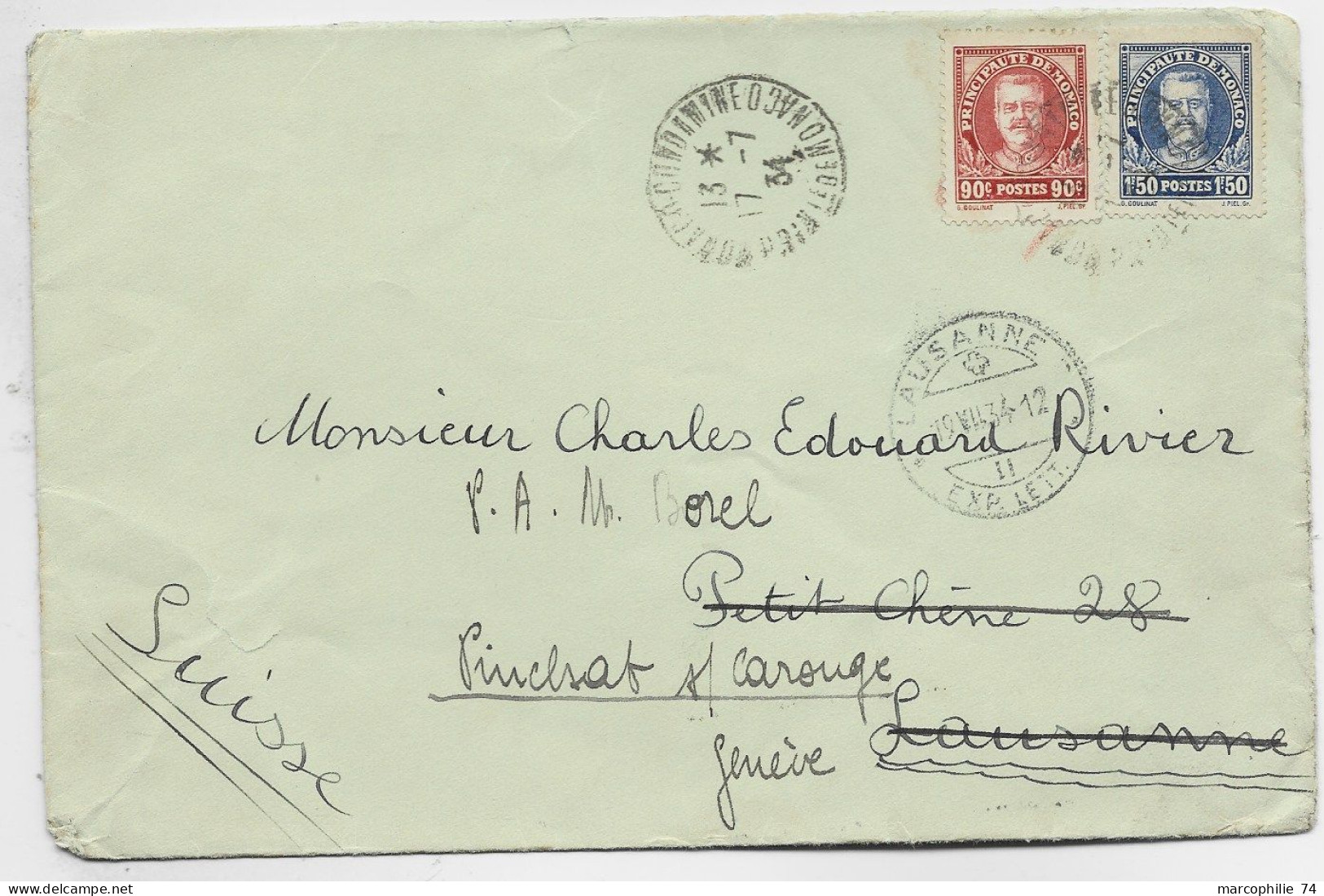 MONACO 90C+1FR50 LETTRE COVER MONACO CONDAMINE 17.7.1934 POUR SUISSE AU TARIF 2EME - Covers & Documents