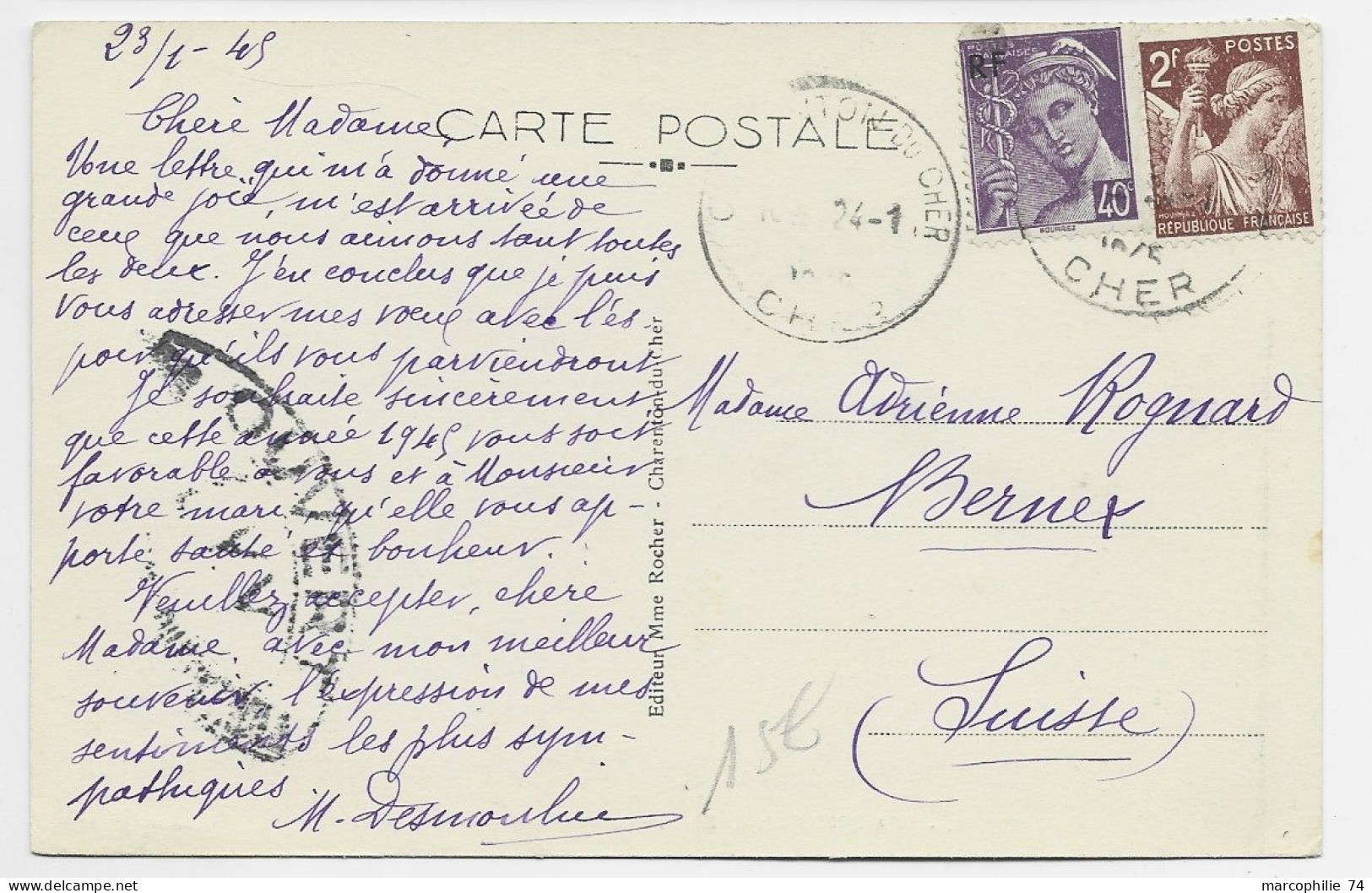 MERCURE 40C RF +2FR IRIS  CARTE  CHER 24.1.1945  POUR SUISSE AU TARIF 2FR40 - 1938-42 Mercure