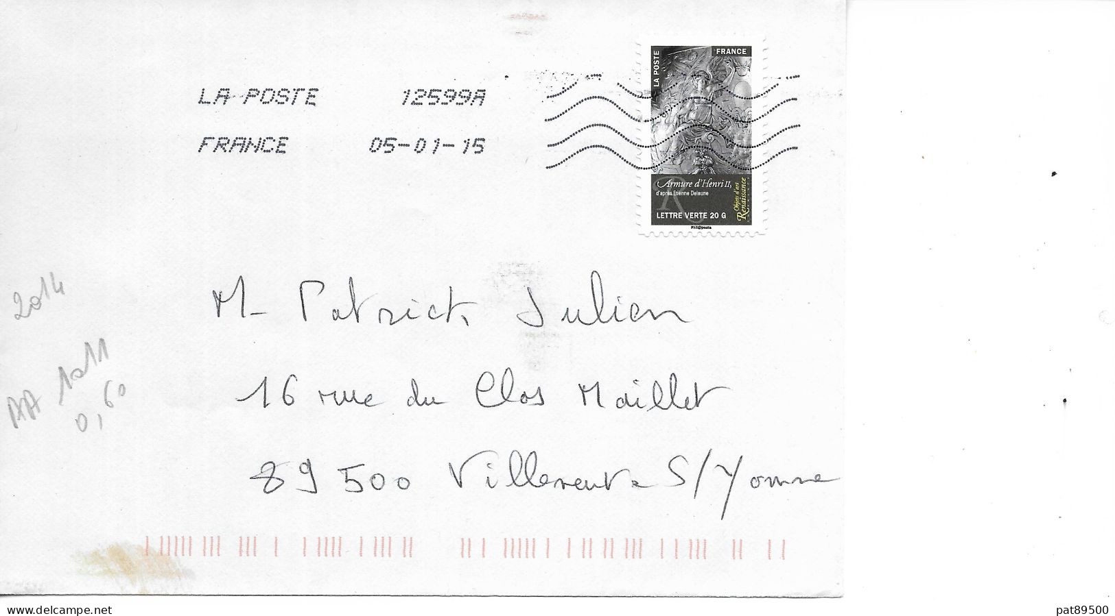 France 2014 - AA 1011- Oblitéré S/enveloppe 01/2015 / Objets D'art = Armure D'Henri II   // LOT B - Briefe U. Dokumente