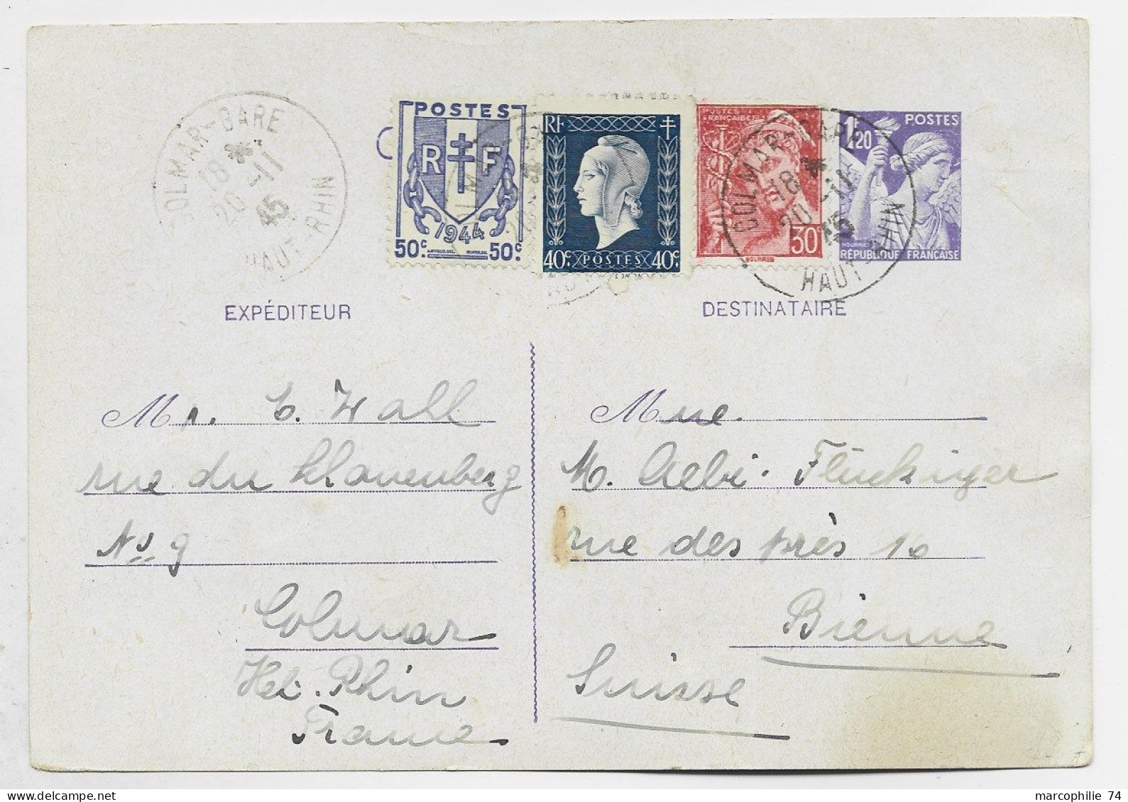 CHAINE 50C+ 40C DULAC + MERCURE 30C SUR ENTIER 1FR20 IRIS CP COLMAR GARE 20.11.1945 POUR SUISSE AU TARIF 2FR40 PEU COM - 1941-66 Stemmi E Stendardi