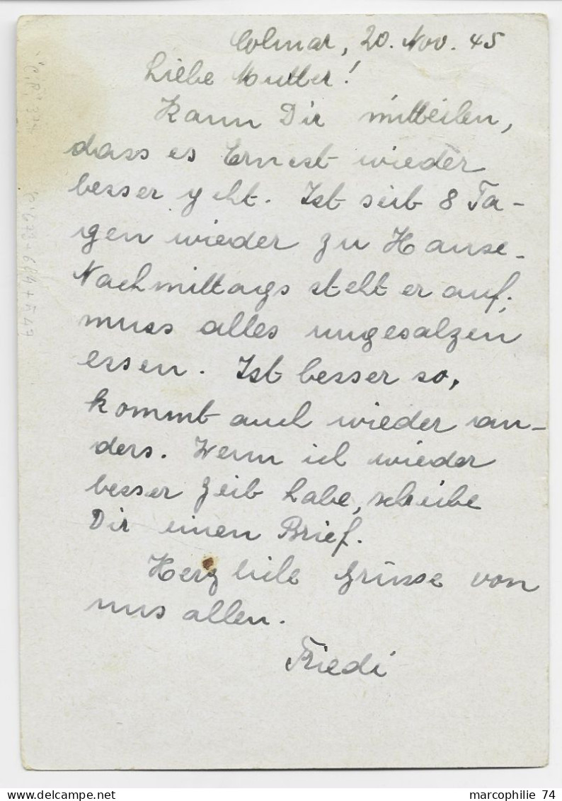 CHAINE 50C+ 40C DULAC + MERCURE 30C SUR ENTIER 1FR20 IRIS CP COLMAR GARE 20.11.1945 POUR SUISSE AU TARIF 2FR40 PEU COM - 1941-66 Escudos Y Blasones