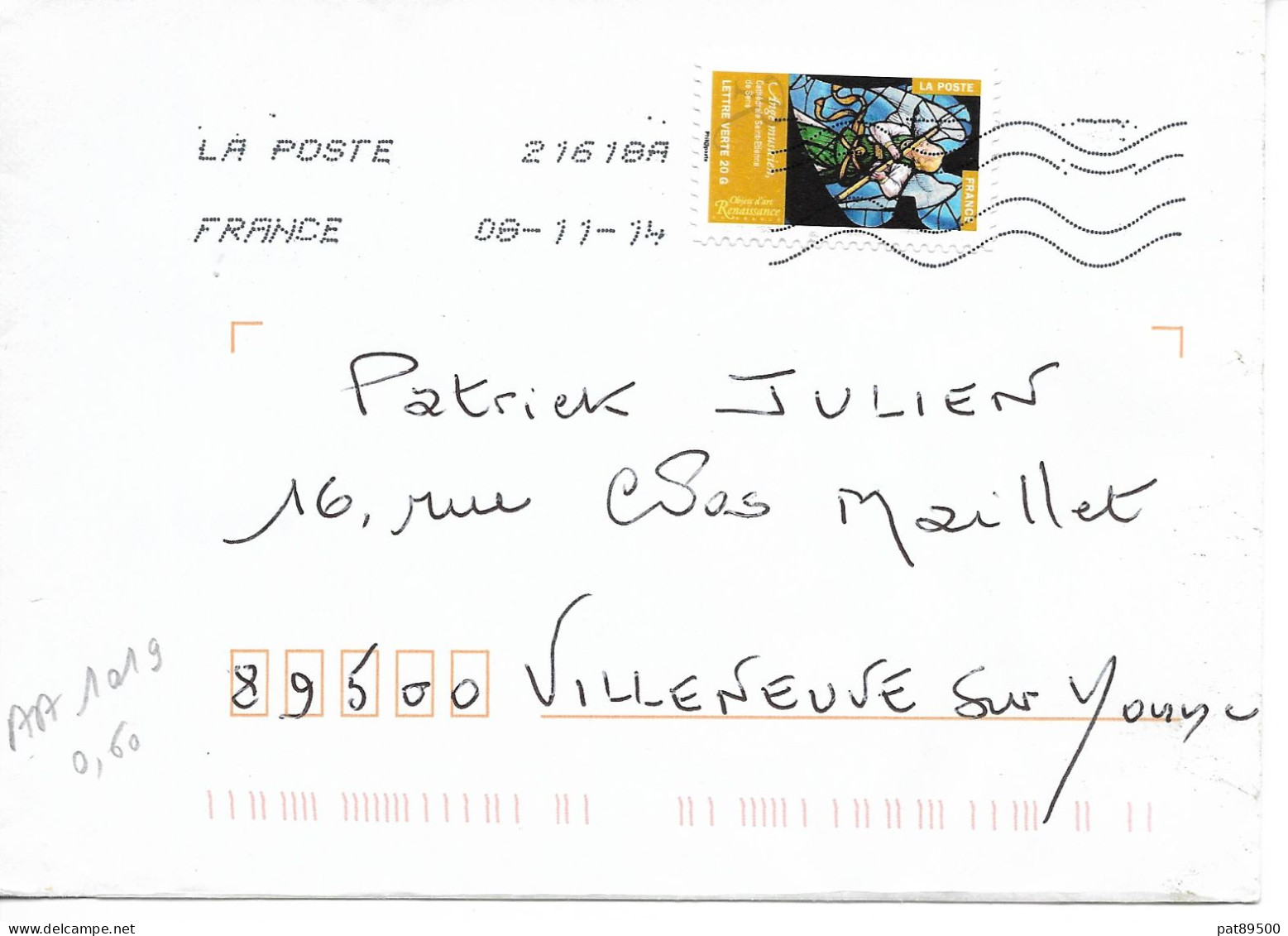 France 2014 - AA 1019- Oblitéré S/enveloppe 11/2014/ Objets D'art =Ange Musicien Vitrai Cathédrale De SENS // Lot A - Covers & Documents