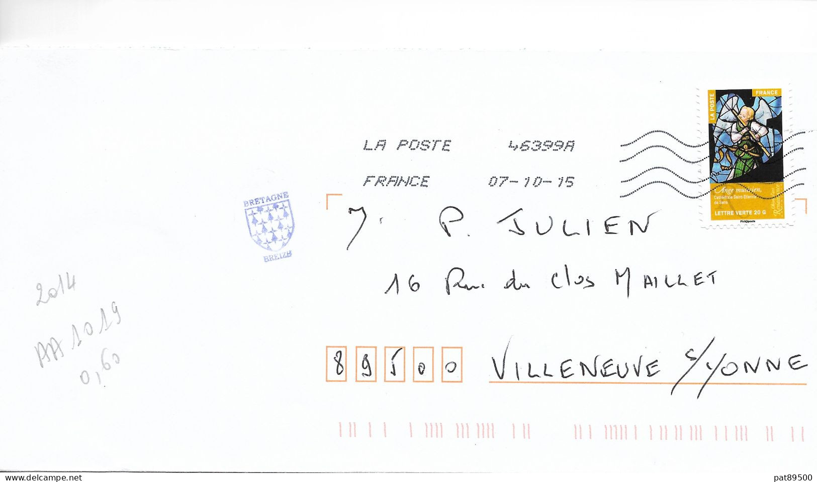 France 2014 - AA 1019- Oblitéré S/enveloppe 10/2015/ Objets D'art =Ange Musicien Vitrail Cathédrale De SENS // Lot B - Briefe U. Dokumente