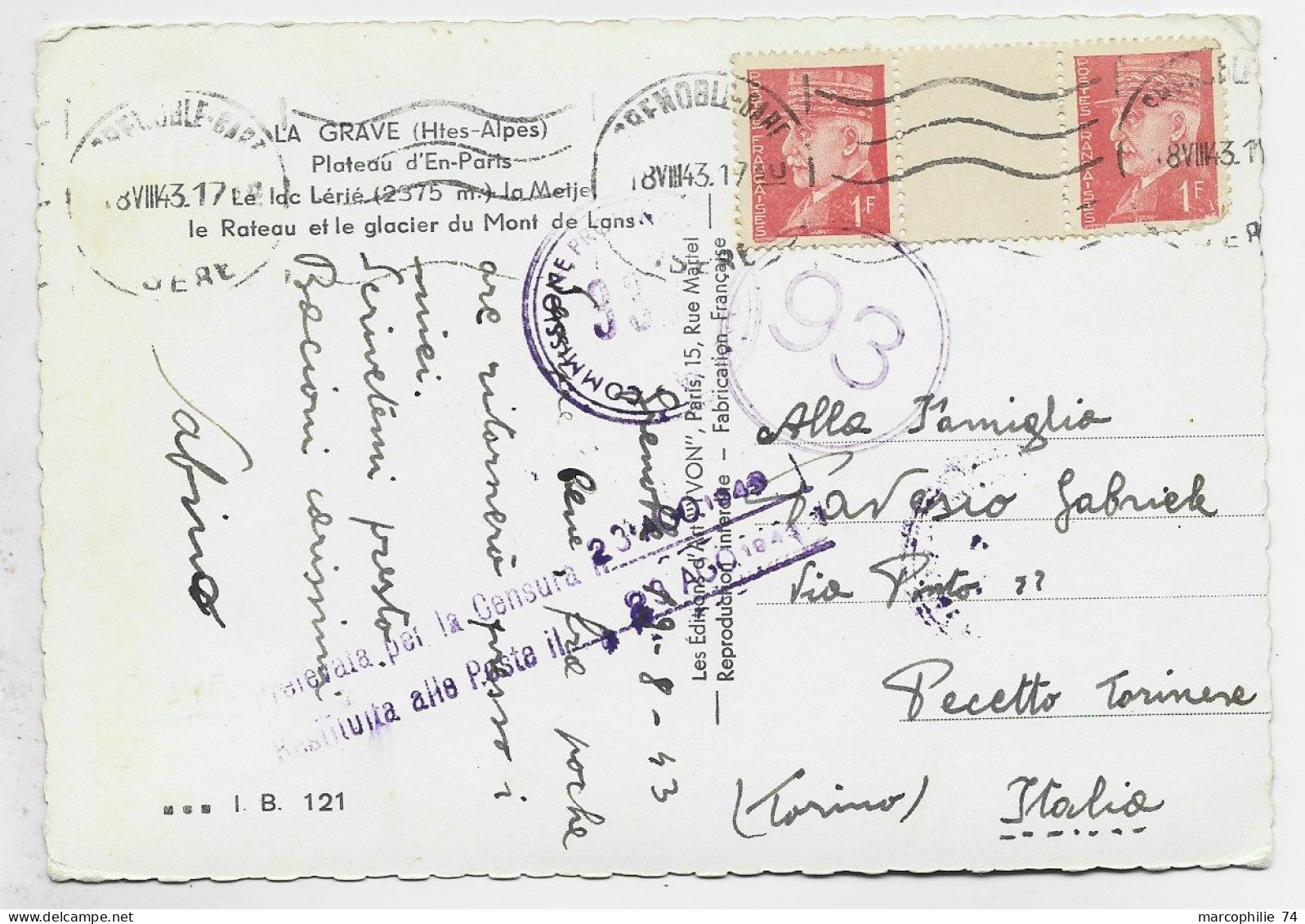 PETAIN 1FR PAIRE INTERPANNEAU CARTE MEC GRENOBLE GARE 18.VIII.1943 POUR TORINO ITALIA CENSURA PAS AU TARIF MANQUE 40C - 1941-42 Pétain