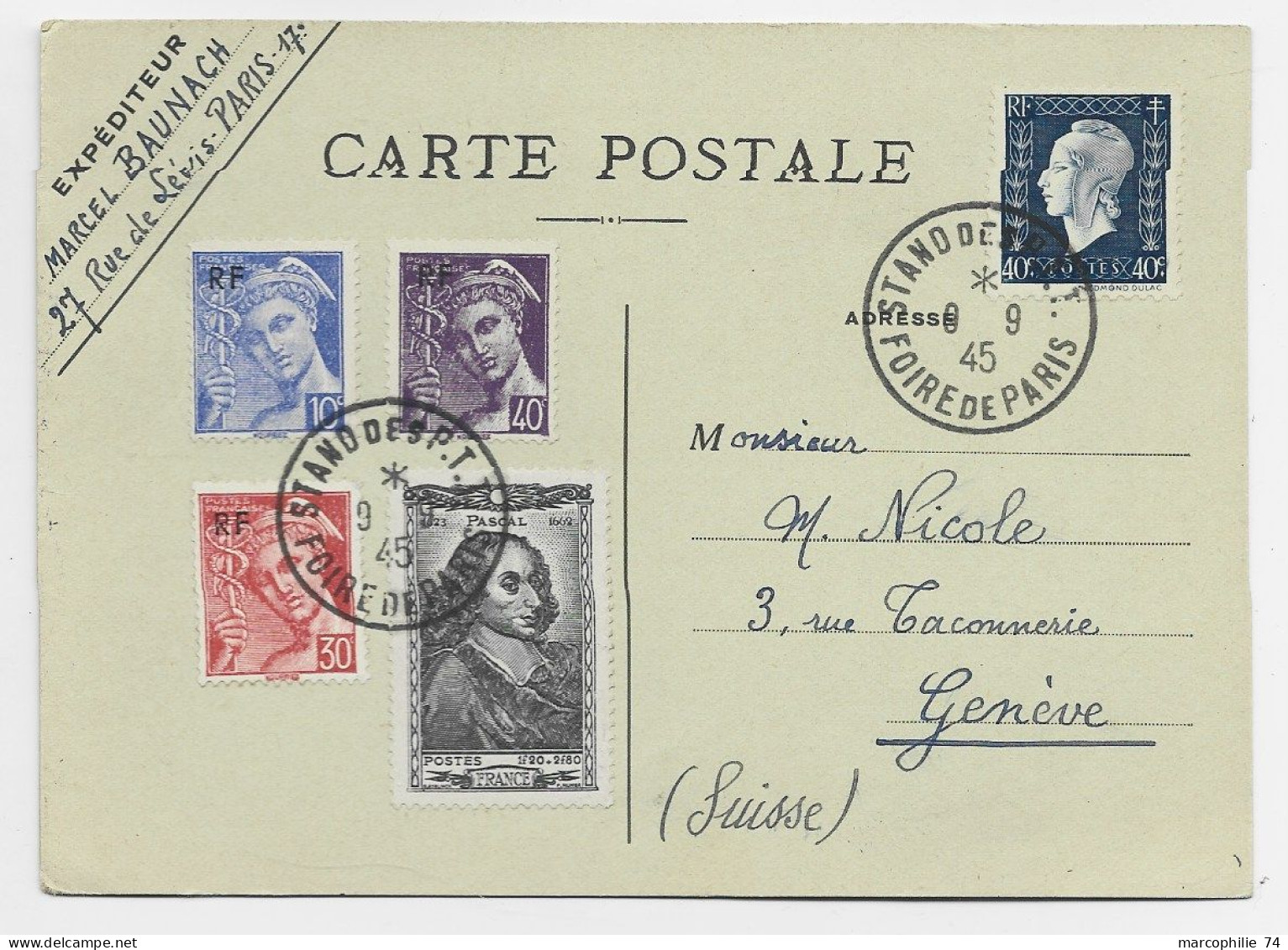 MERCURE RF 10C+30C+40C+40C DULAC + SURTAXE 1FR20 PASCAL CARTE FOIRE DE PARIS 9.9.1945 POUR SUISSE TARIF 2FR40 AFF RARE - 1938-42 Mercurio