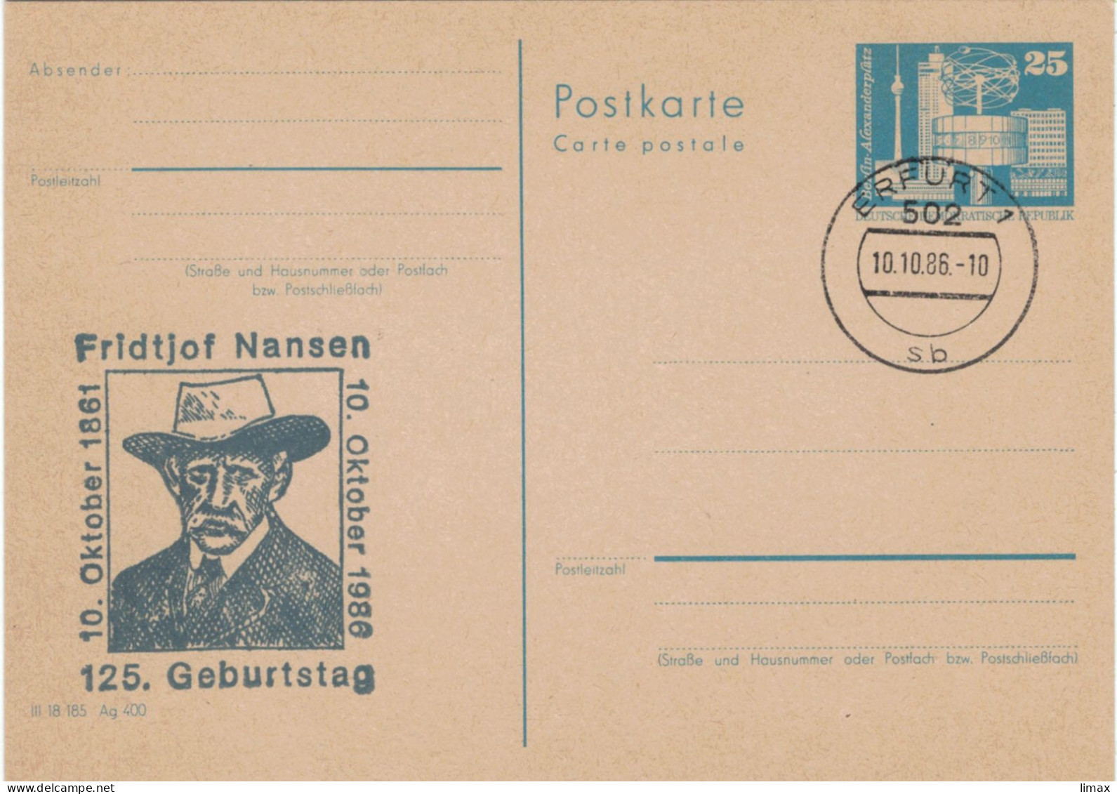 502 Erfurt 1986 Fridtjof Nansen Norwegischer Zoologe, Neurohistologe, Polarforscher, Ozeanograph, Diplomat NP-Träger - Privé Postkaarten - Gebruikt