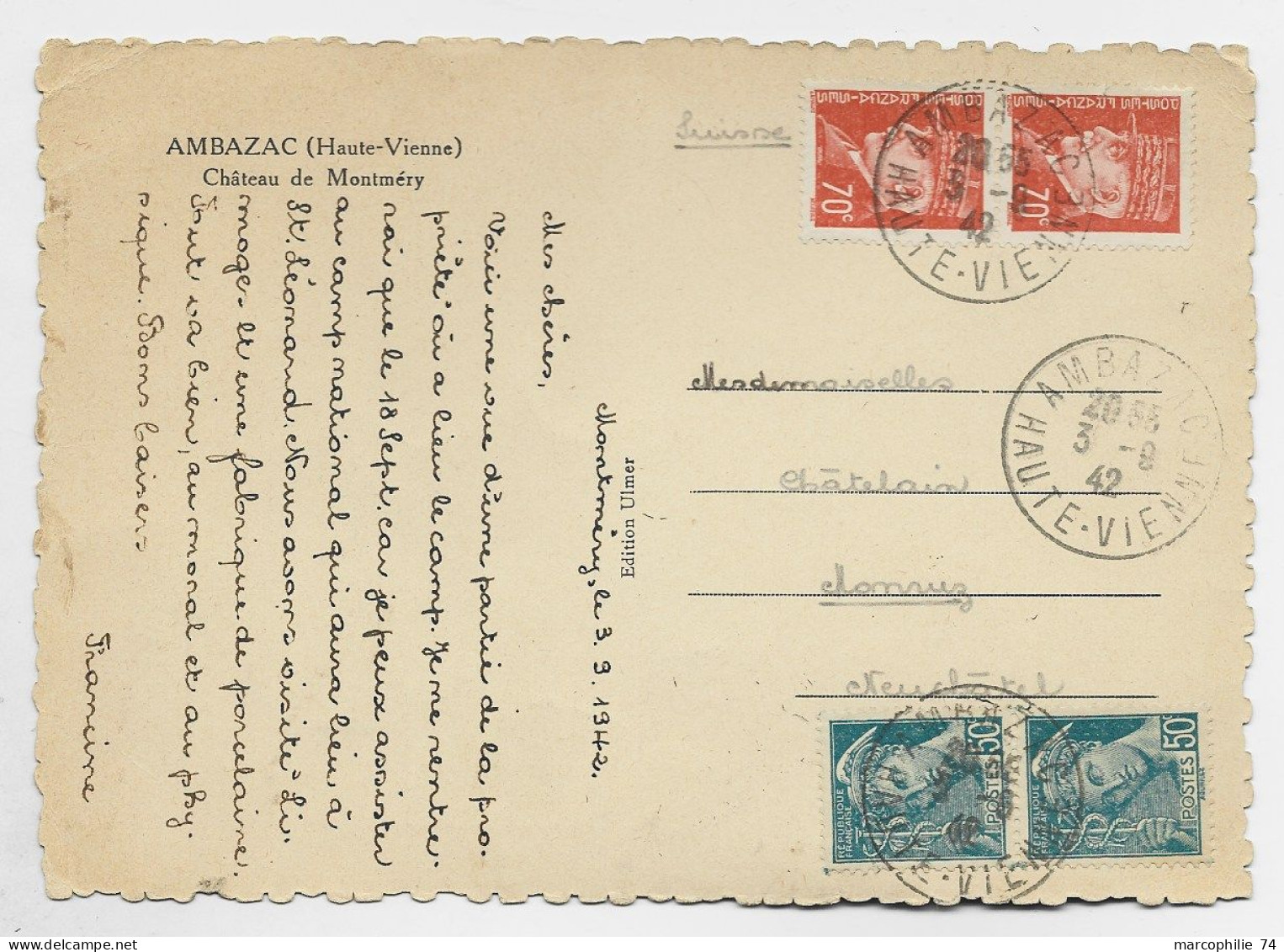 PETAIN 70C ORANGE PAIRE +50C MERCURE PAIRE CARTE AMBAZAC 3.9.1942  POUR SUISSE TARIF 2FR40 AFF PEU COMMUN - 1941-42 Pétain