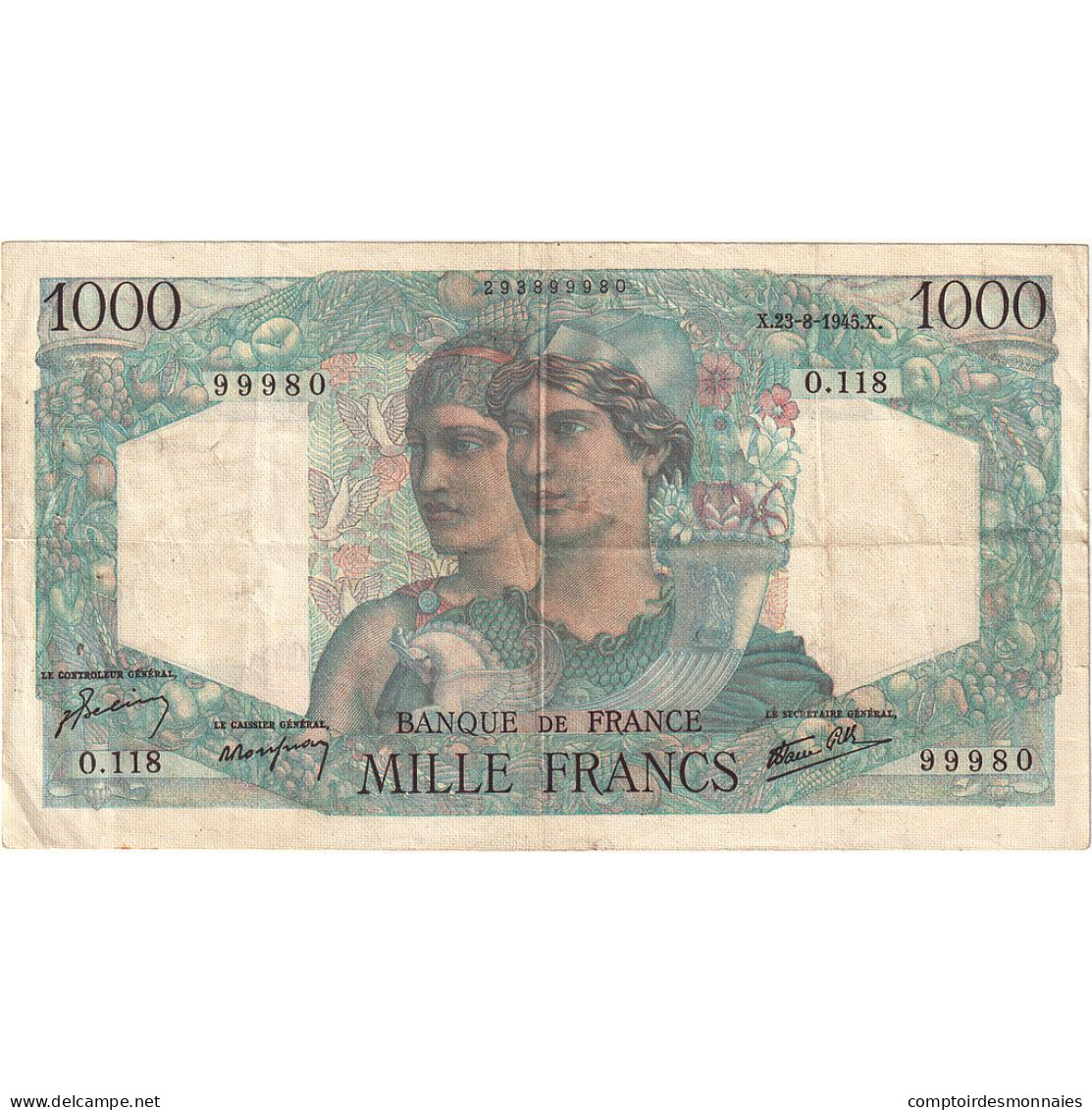 France, 1000 Francs, Minerve Et Hercule, 1945, O.118, TTB, Fayette:41.7, KM:130a - 1 000 F 1945-1950 ''Minerve Et Hercule''