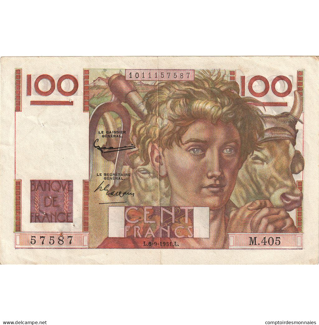France, 100 Francs, Jeune Paysan, 1951, M.405, SUP, Fayette:28.29, KM:128d - 100 F 1945-1954 ''Jeune Paysan''