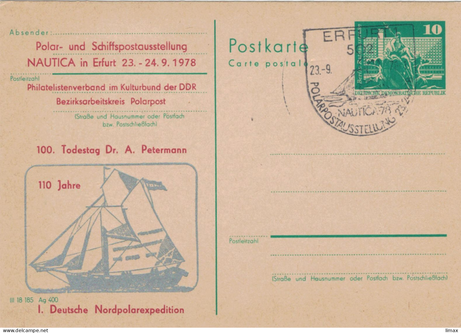 Ganzsache 502 Erfurt 1978 Nautica Nordpolarexpedition Petermann - Privatpostkarten - Gebraucht