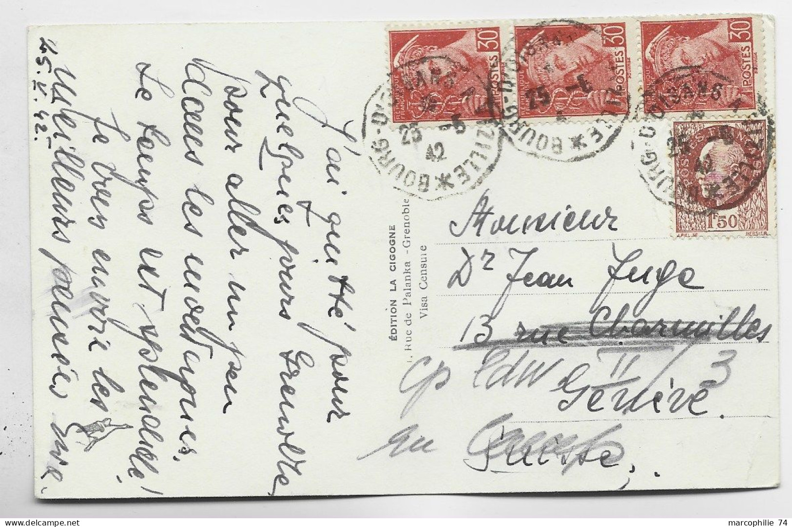 MERCURE 30C BANDE DE 3+1FR50 PETAIN CONVOYEUR BOURG D'OISANS A VIZILLE 1942  POUR  SUISSE  AU TARIF 2FR40 AFFR RARE - 1938-42 Mercure