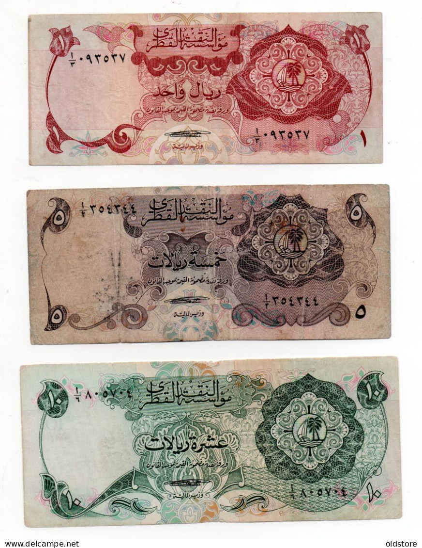 Qatar Banknotes - (Mini Set 1 - 5 - 10 Riyals ) - ND 1973-  First Issue - Used Condition - Qatar