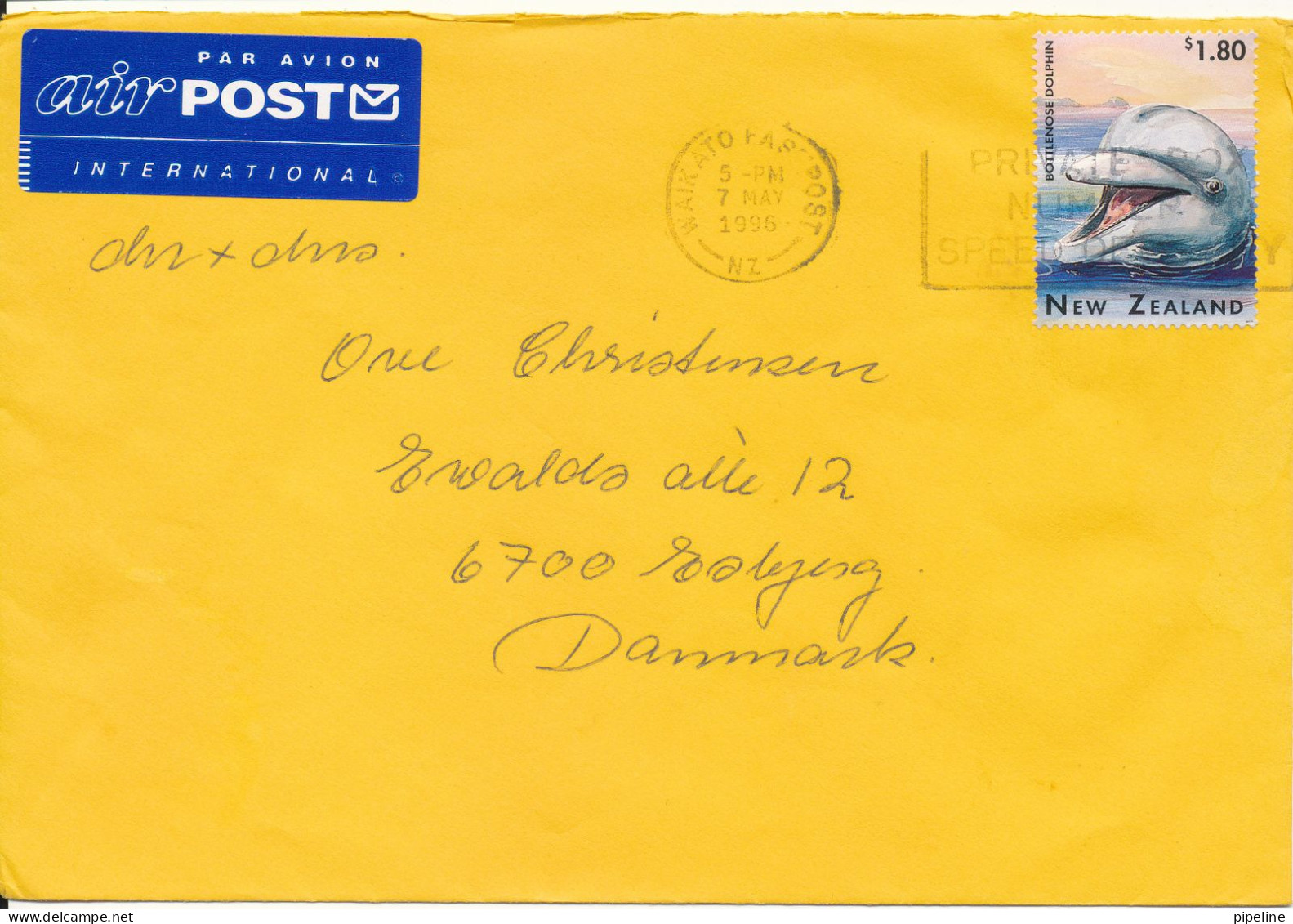 New Zealand Cover Sednt To Denmark 7-5-1996 Single Franked DOLPHIN - Briefe U. Dokumente