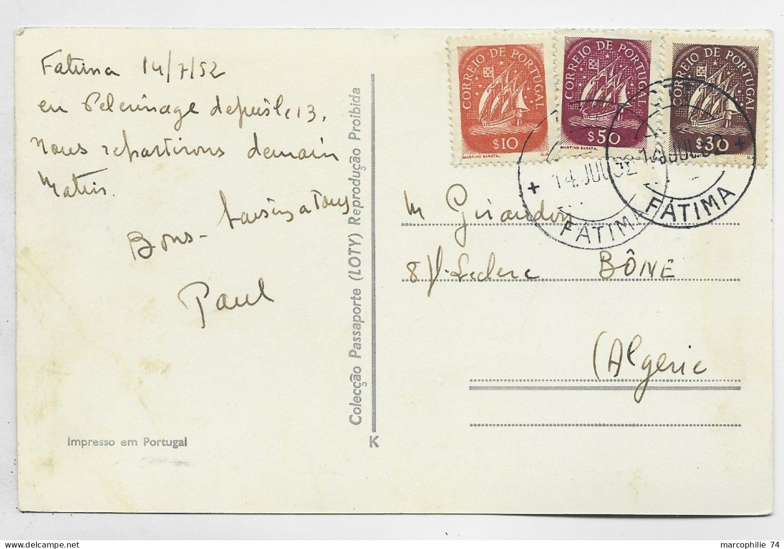 PORTUGAL $10+$30$50 CARTE TARJETA FATIMA 14.7.1952 TO ALGERIE - Covers & Documents