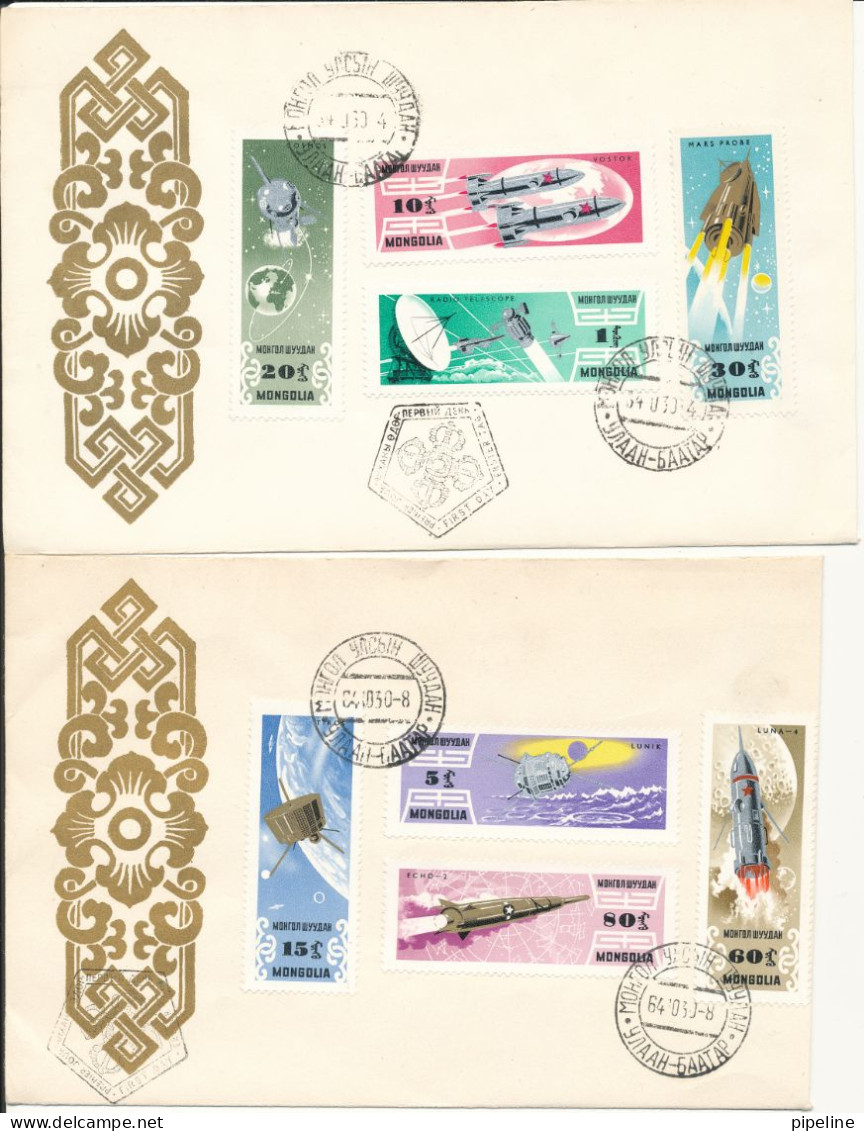 Mongolia FDC 30-10-1964 SPACE Complete Set Of 8 On 2 Covers With Cachet - Asia