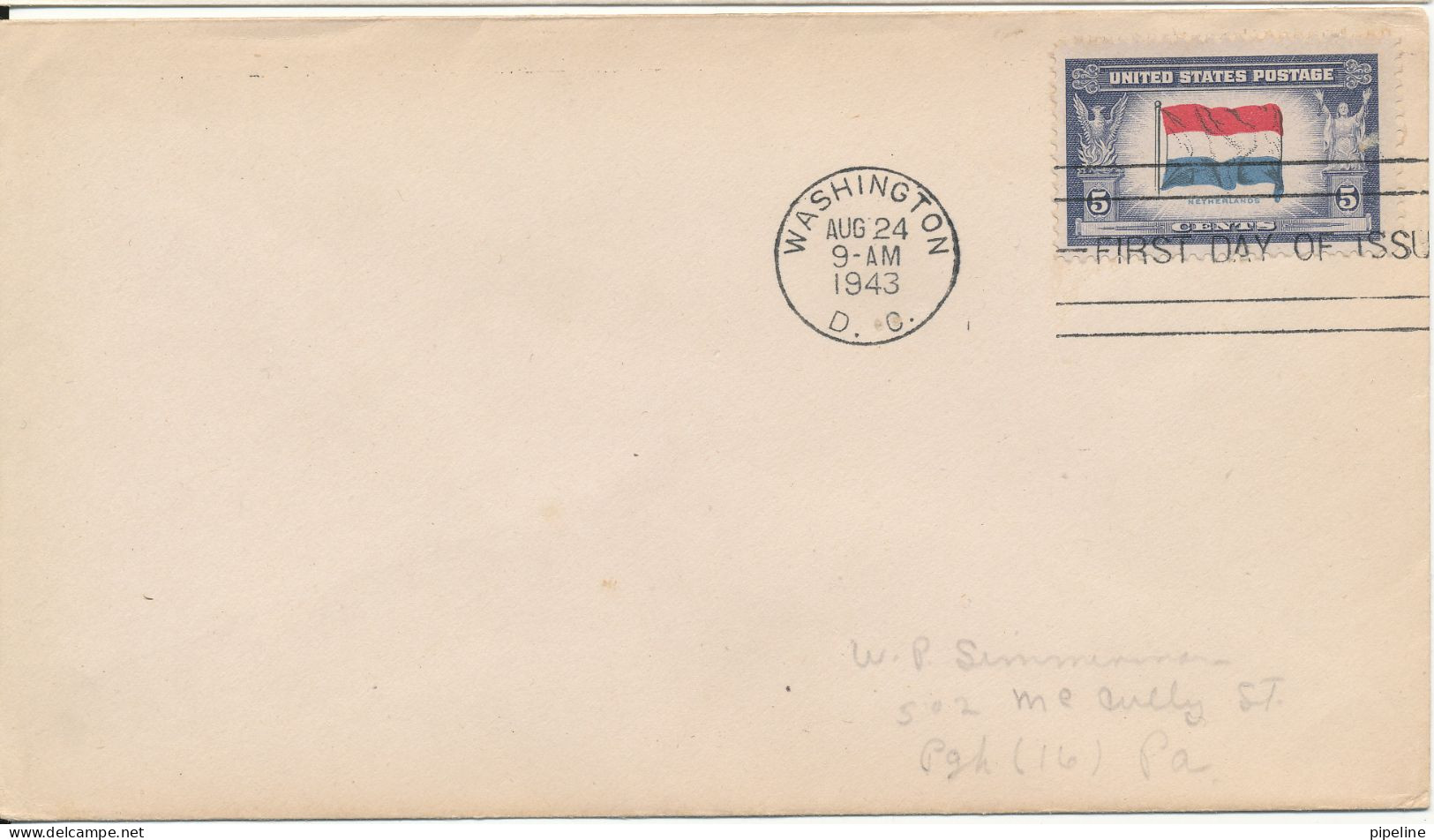 USA FDC Washington 24-8-1943 Netherlands FLAG Overrun Countries - 1941-1950