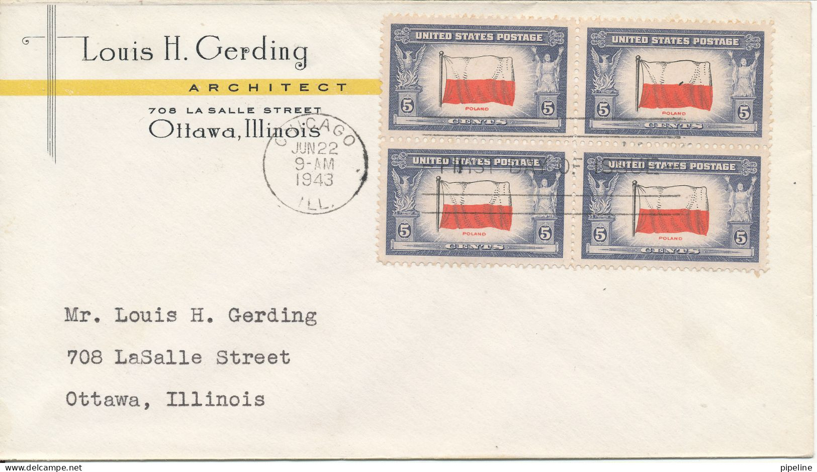 USA FDC Chicago 22-6-1943 Poland FLAG In A Block Of 4 Overrun Countries - 1941-1950