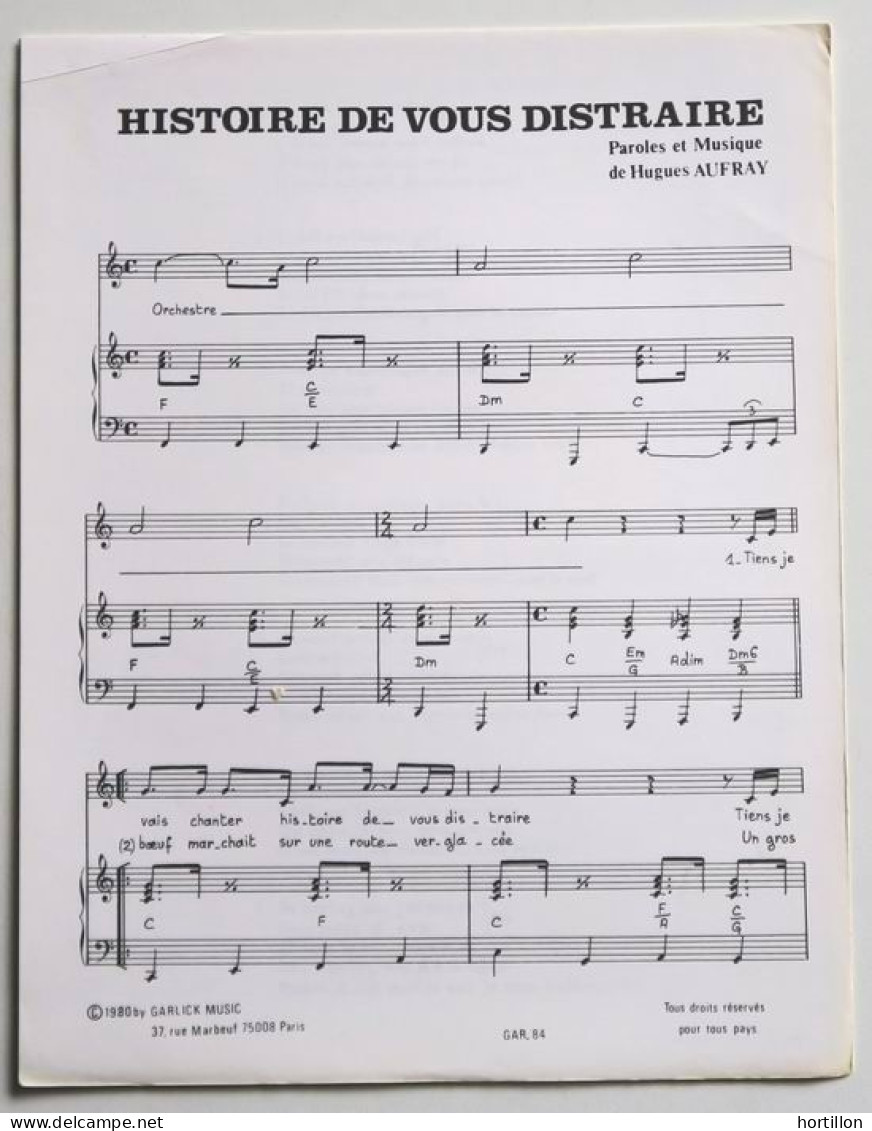 Partition Vintage Sheet Music HUGUES AUFRAY : Histoire De Vous Distraire * 80's - Cancionero