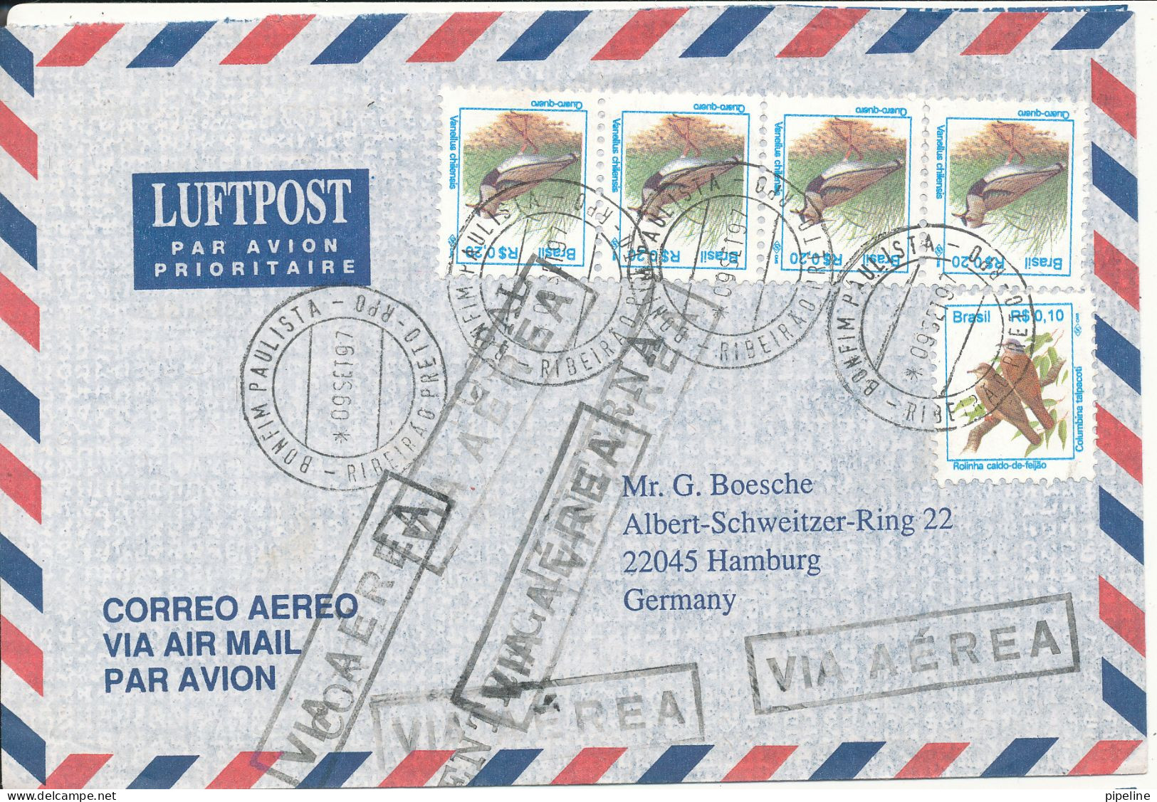 Brazil Air Mail Cover Sent To Germany 9-9-1997 Topic Stamps BIRDS - Posta Aerea