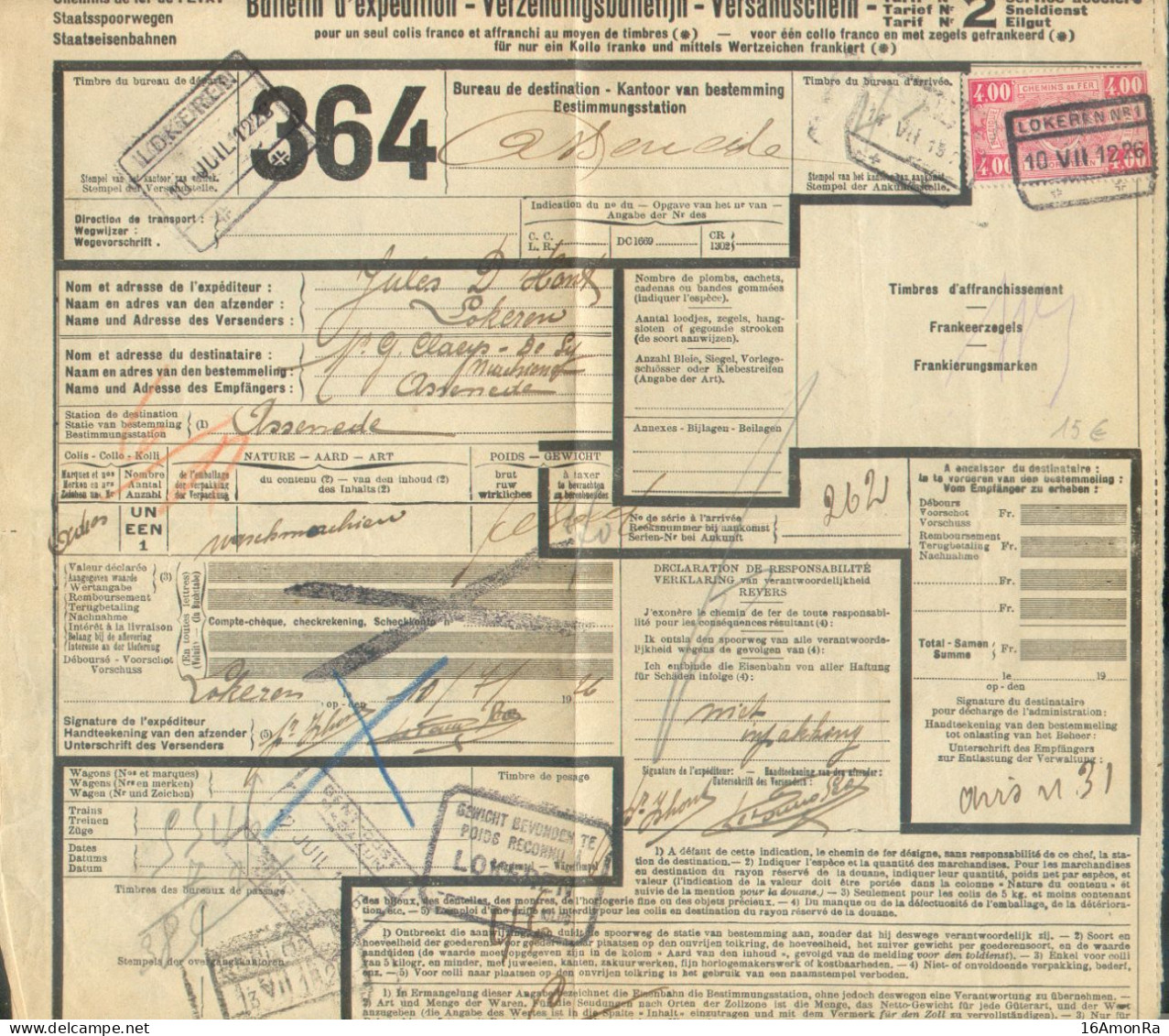 Bulletin D'expédition Tarif Nr.2 Affr. 4Fr. Obl; LOKEREN 1 10-VII-1926 Vers Assenede  Via EECLOO + Poids Reconnu LOKEREN - Documents & Fragments