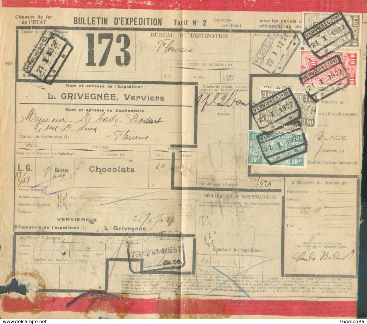 Bulletin D'expédition Tarif Nr.2 Affr. 10c. + 40c. + 2Fr. + 10Fr. (soit 12Fr.50) Obl; VERVIERS O.(18) Du  21-I-1927 Vers - Dokumente & Fragmente