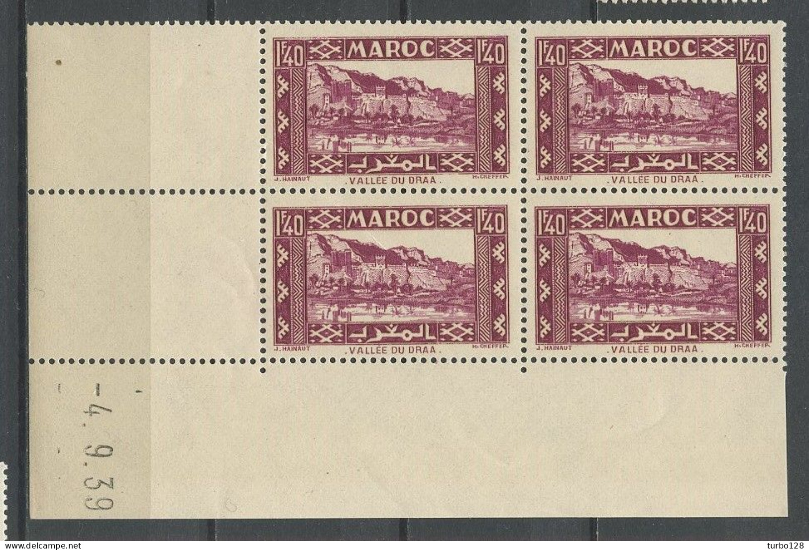 MAROC 1939  N° 185 ** Bloc De 4 Coin Daté 4.9.39 Neuf MNH Superbe Paysages Et Architecture Vallée Du DRAA - Unused Stamps