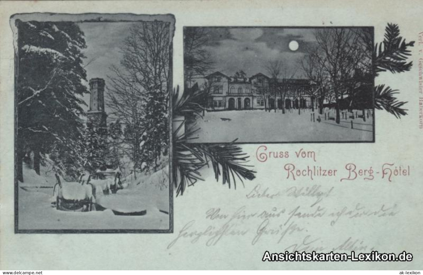Rochlitz Mondscheinlitho Rochlitzer Berg Mit Hotel Im Winter 1898 - Rochlitz