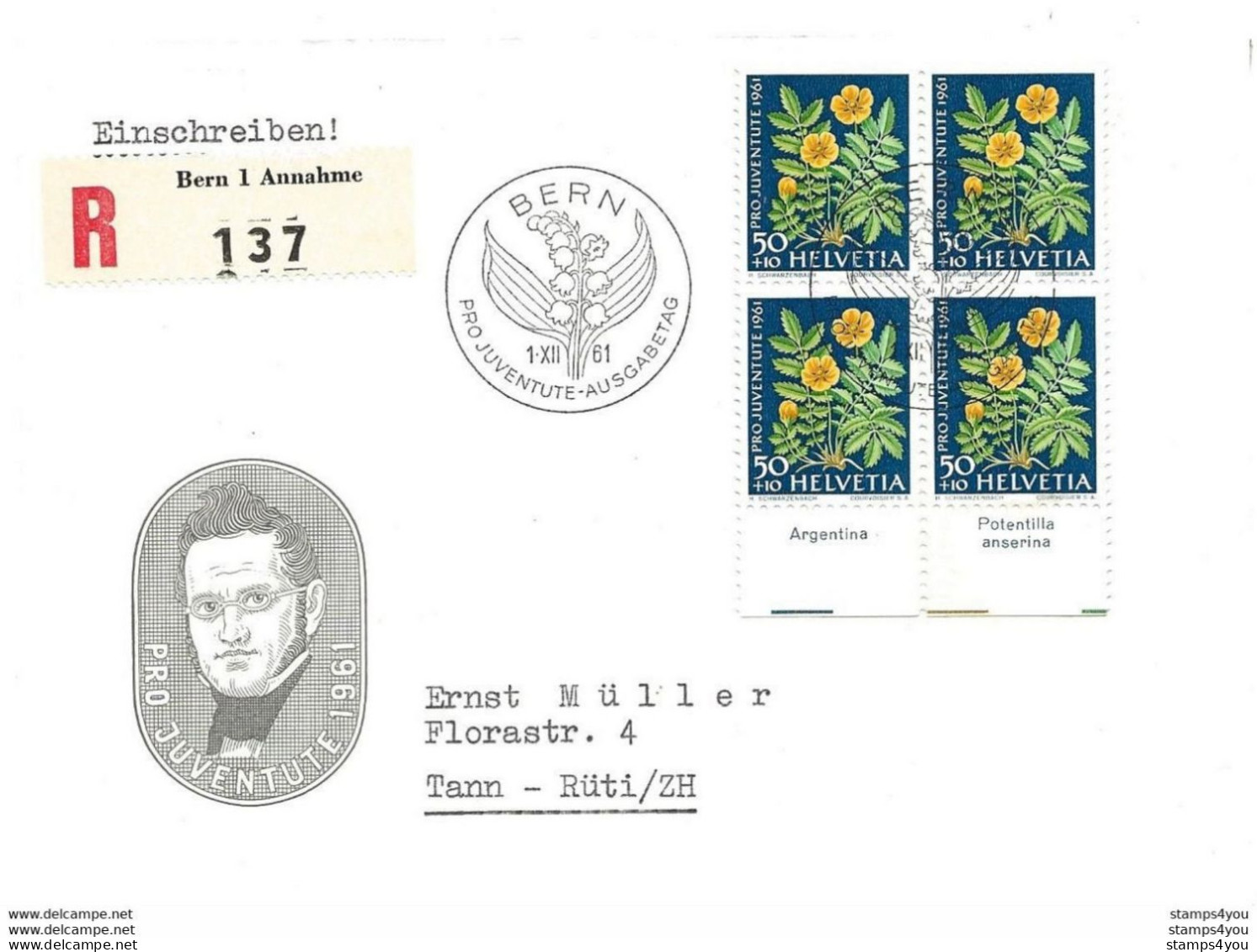 33 - 45 - Enveloppe Recommandée Avec Bloc De 4 Timbres Pro Juventute 1961 - Oblit Spéciale 1er Jour - Lettres & Documents